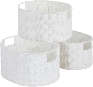 Vagusicc Wicker Storage Basket, Set of 3 Hand-Woven Paper Rope Storage Baskets for Organizing, Round Storage Basket With Handles, Large Wicker Storage Organizer Bins Baskets for Shelves & Decor, White