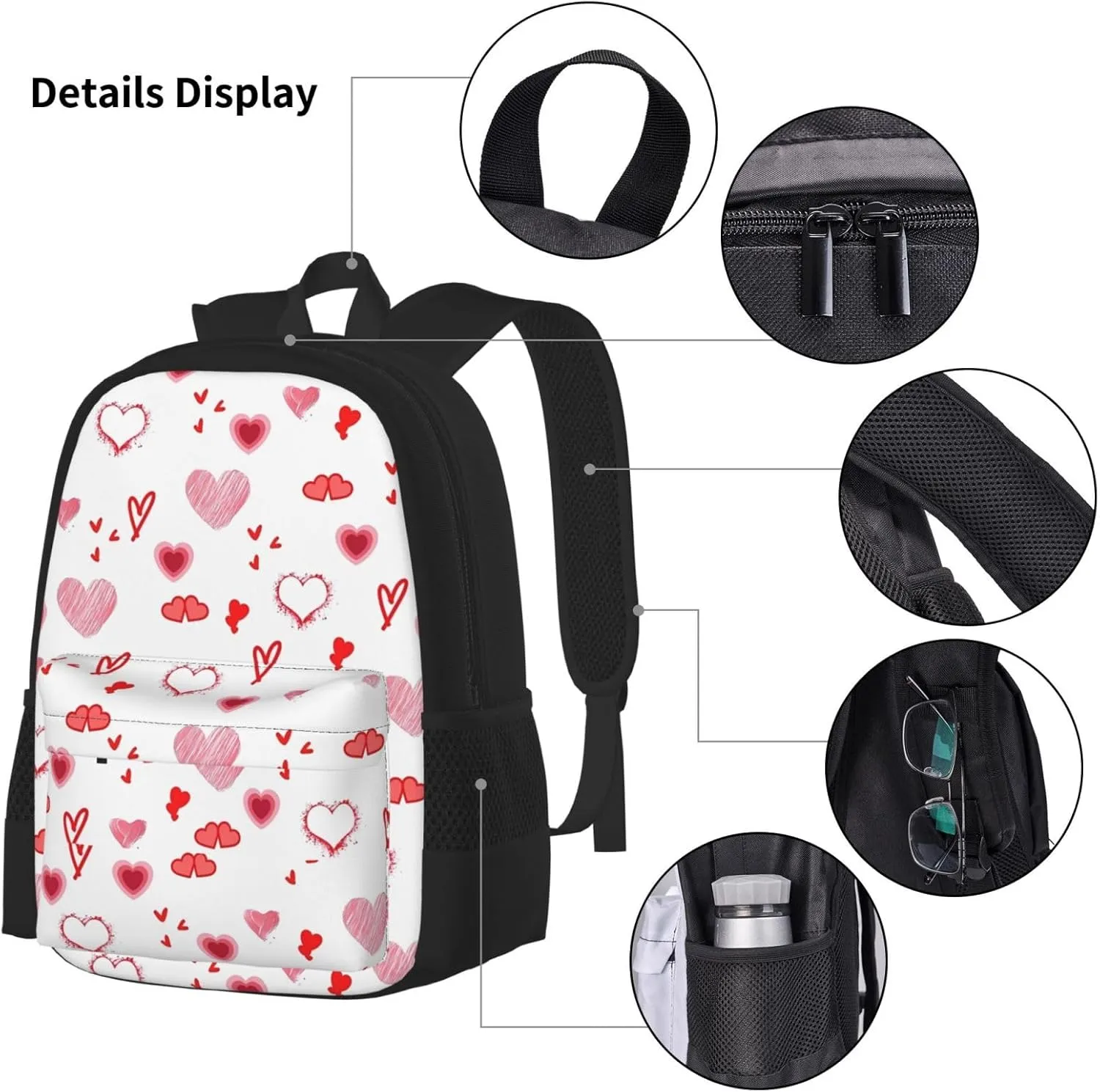 Valentine's Day. Love Hearts Multifunctional Pocket Backpack Crossbody Lunch Bag Pencil Case 3Pcs Set Large Capacity Backpack