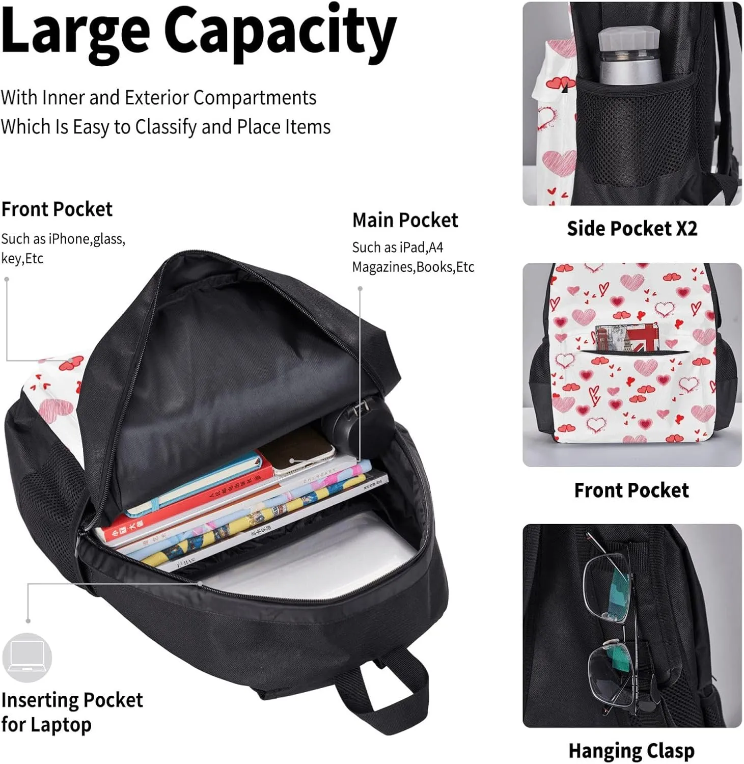 Valentine's Day. Love Hearts Multifunctional Pocket Backpack Crossbody Lunch Bag Pencil Case 3Pcs Set Large Capacity Backpack