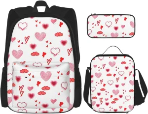 Valentine's Day. Love Hearts Multifunctional Pocket Backpack Crossbody Lunch Bag Pencil Case 3Pcs Set Large Capacity Backpack