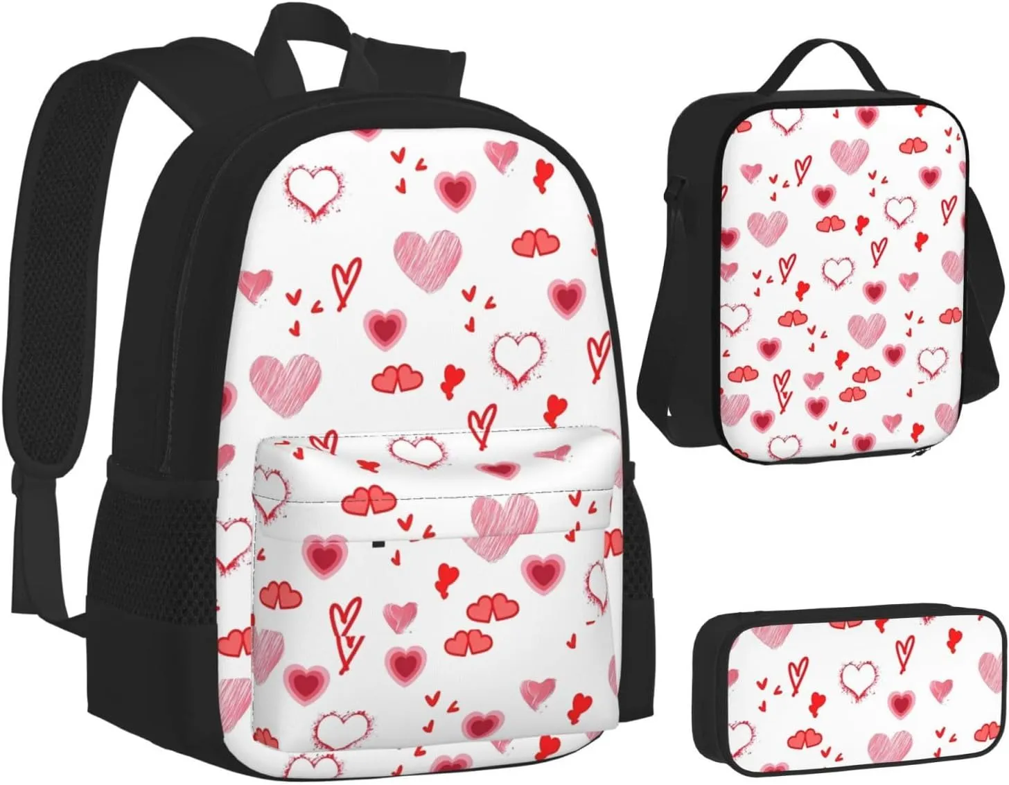 Valentine's Day. Love Hearts Multifunctional Pocket Backpack Crossbody Lunch Bag Pencil Case 3Pcs Set Large Capacity Backpack