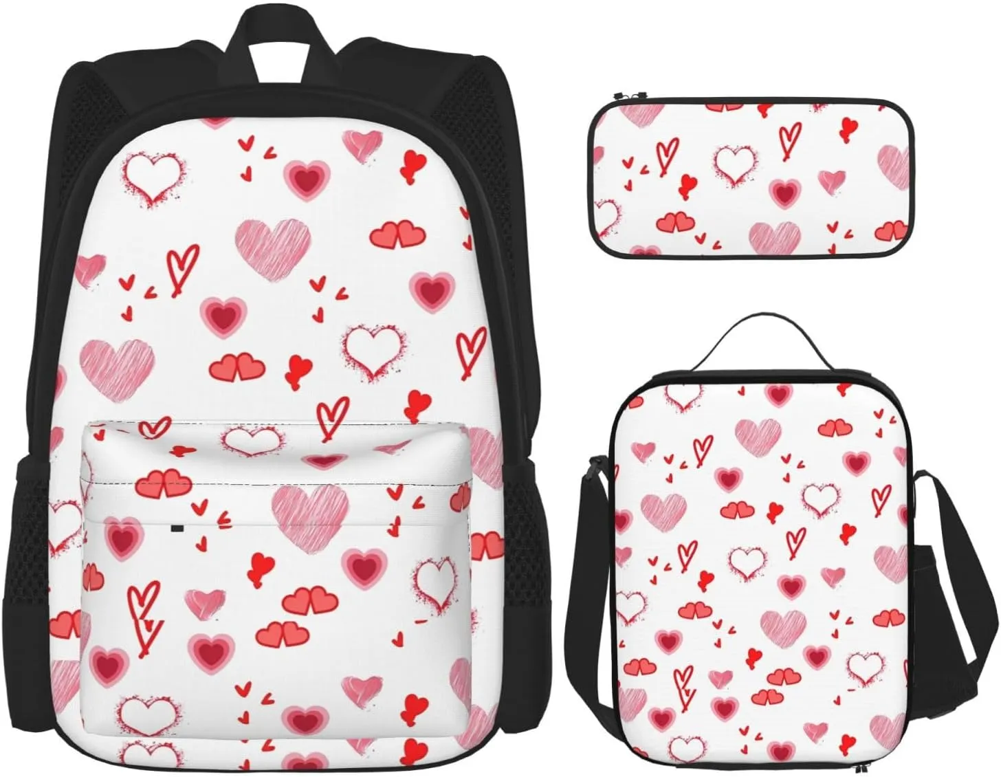 Valentine's Day. Love Hearts Multifunctional Pocket Backpack Crossbody Lunch Bag Pencil Case 3Pcs Set Large Capacity Backpack