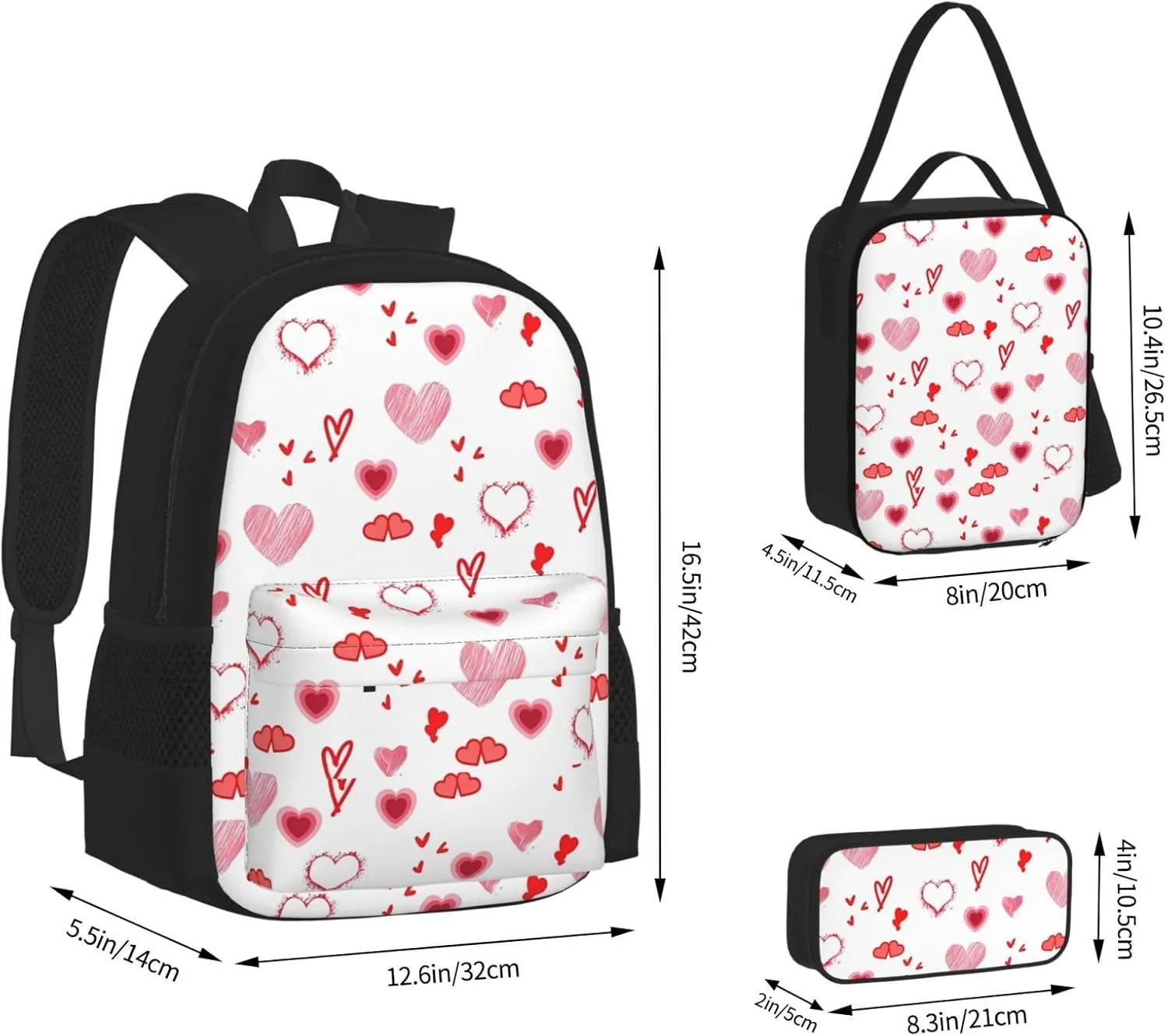 Valentine's Day. Love Hearts Multifunctional Pocket Backpack Crossbody Lunch Bag Pencil Case 3Pcs Set Large Capacity Backpack