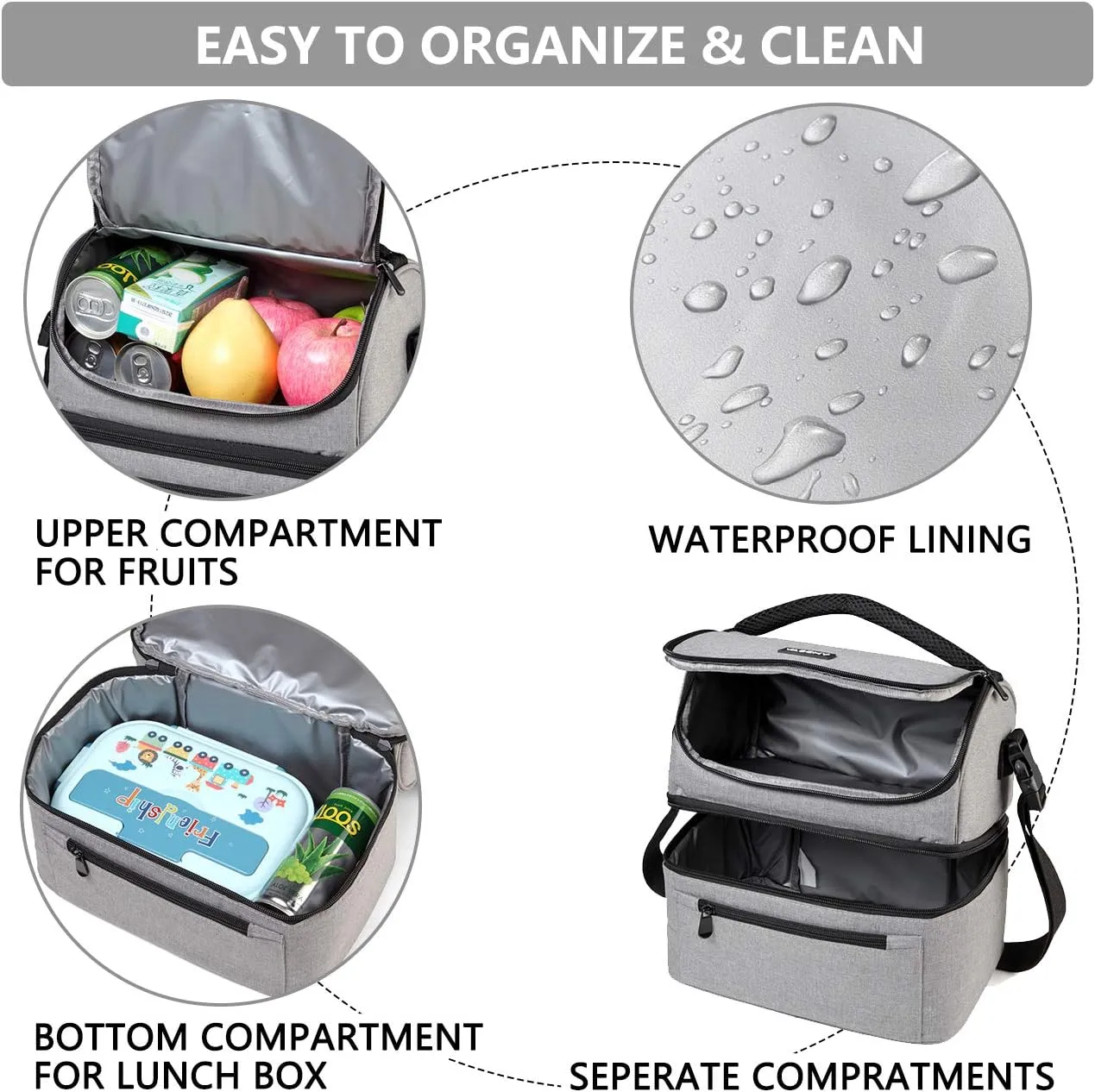 VASCHY Lunch Bag, Insulated Lunch Box Leak-proof Cooler Bag in Dual Compartment Lunch Tote for Men, Women, 14 Cans (Gray)