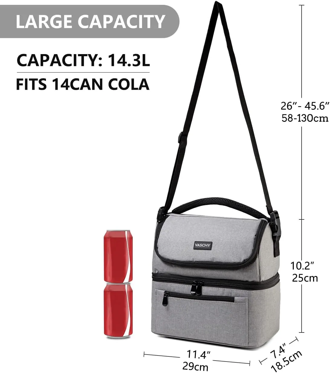 VASCHY Lunch Bag, Insulated Lunch Box Leak-proof Cooler Bag in Dual Compartment Lunch Tote for Men, Women, 14 Cans (Gray)
