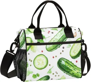 Vegetables Cucumber Pattern Lunch Bag Reusable Lunch Box for Office Picnic Hiking Beach, Insulated Cooler Tote Food Container with Adjustable Shoulder Strap for Men Women Adults