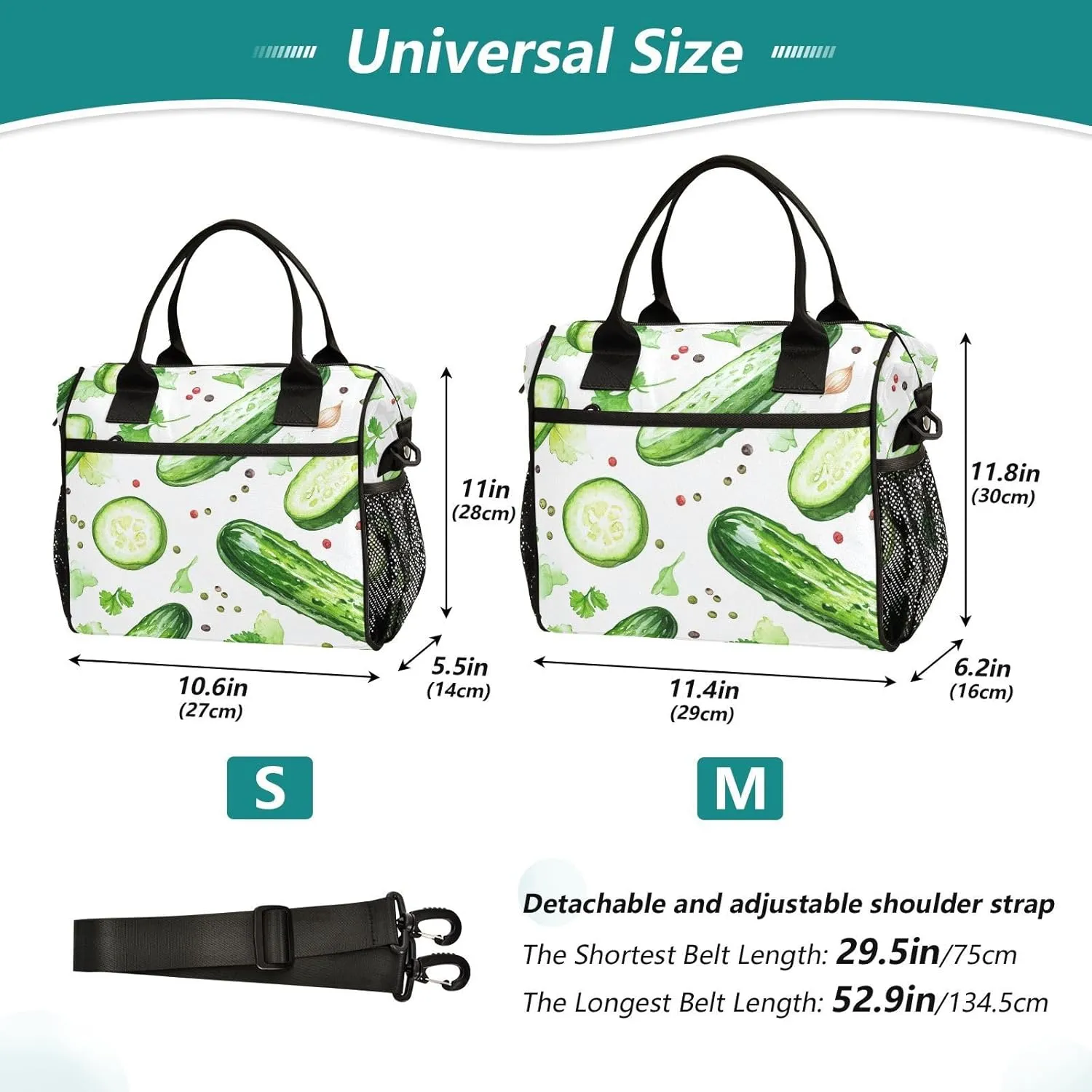 Vegetables Cucumber Pattern Lunch Bag Reusable Lunch Box for Office Picnic Hiking Beach, Insulated Cooler Tote Food Container with Adjustable Shoulder Strap for Men Women Adults