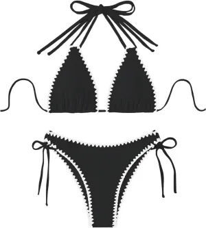 Verdusa Women's 2 Piece Scalloped Trim Halter Swimsuit Tie Side High Cut String Bikini Set