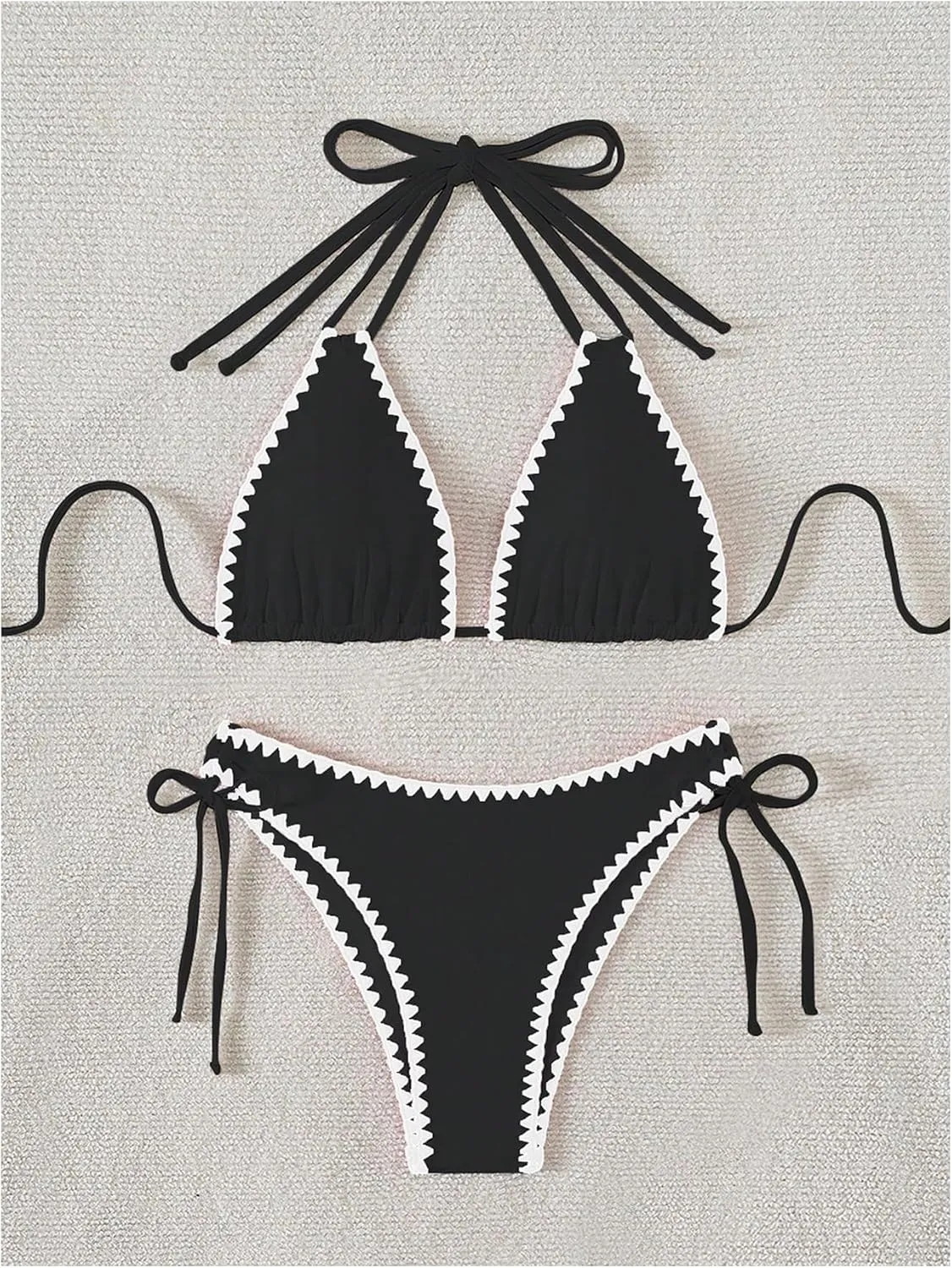 Verdusa Women's 2 Piece Scalloped Trim Halter Swimsuit Tie Side High Cut String Bikini Set
