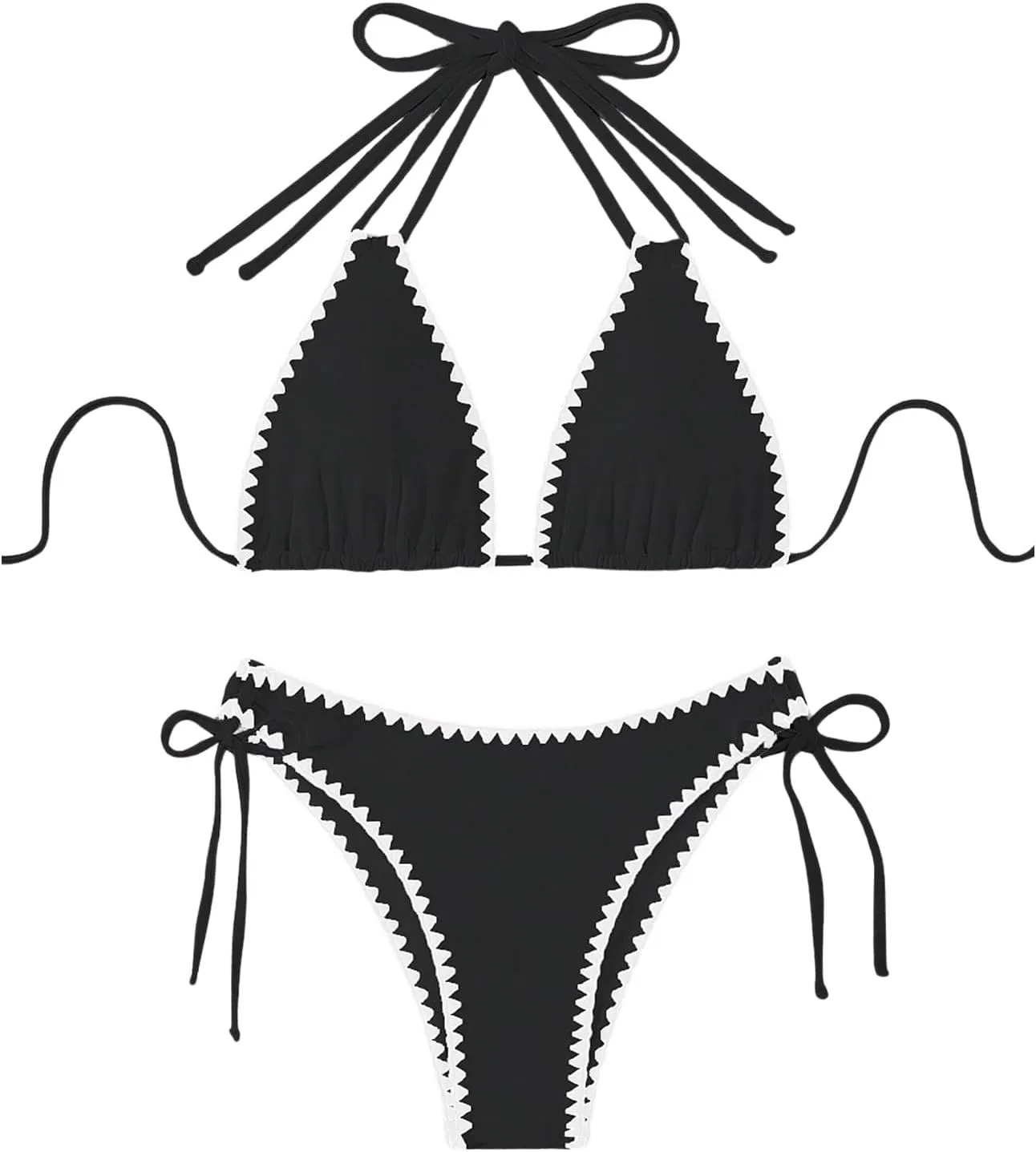 Verdusa Women's 2 Piece Scalloped Trim Halter Swimsuit Tie Side High Cut String Bikini Set