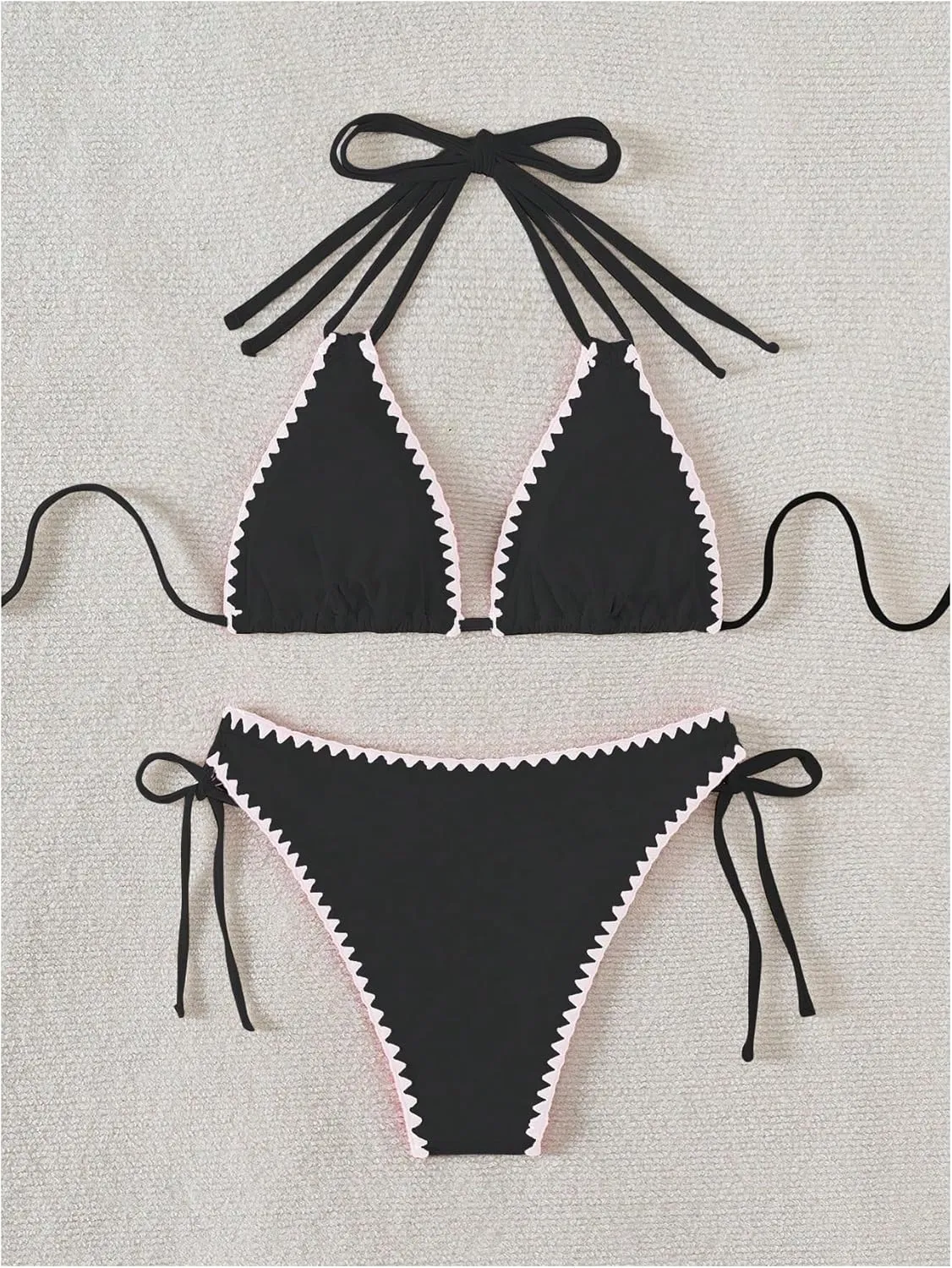 Verdusa Women's 2 Piece Scalloped Trim Halter Swimsuit Tie Side High Cut String Bikini Set