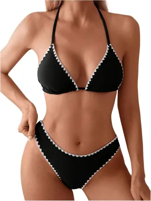 Verdusa Women's 2 Piece Triangle Halter Bikini Sets Tie Back Contrast Binding Summer Swimsuit