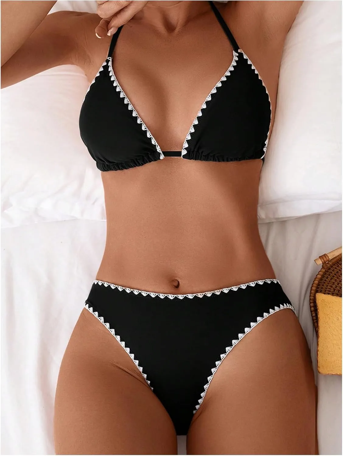 Verdusa Women's 2 Piece Triangle Halter Bikini Sets Tie Back Contrast Binding Summer Swimsuit