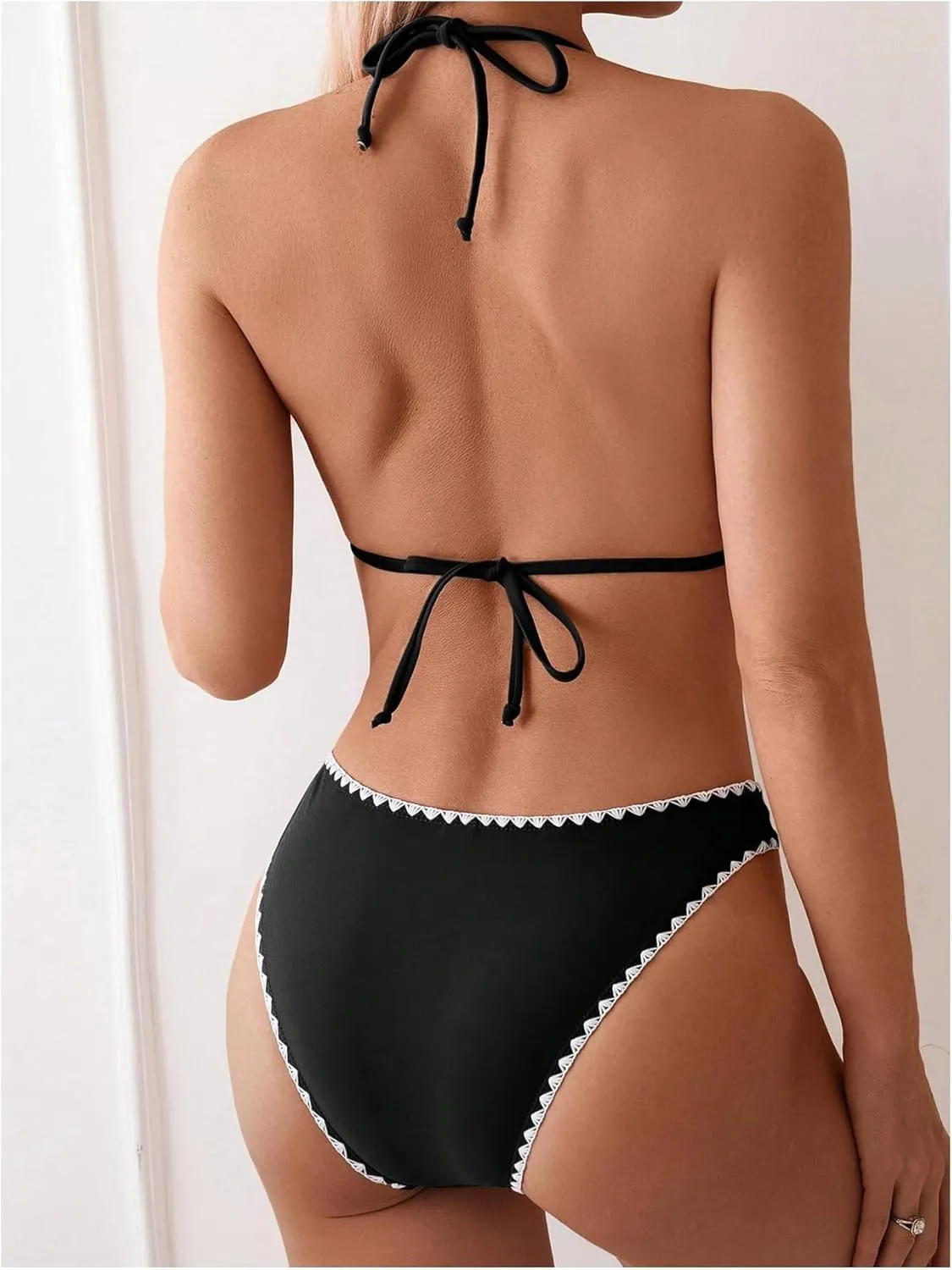 Verdusa Women's 2 Piece Triangle Halter Bikini Sets Tie Back Contrast Binding Summer Swimsuit