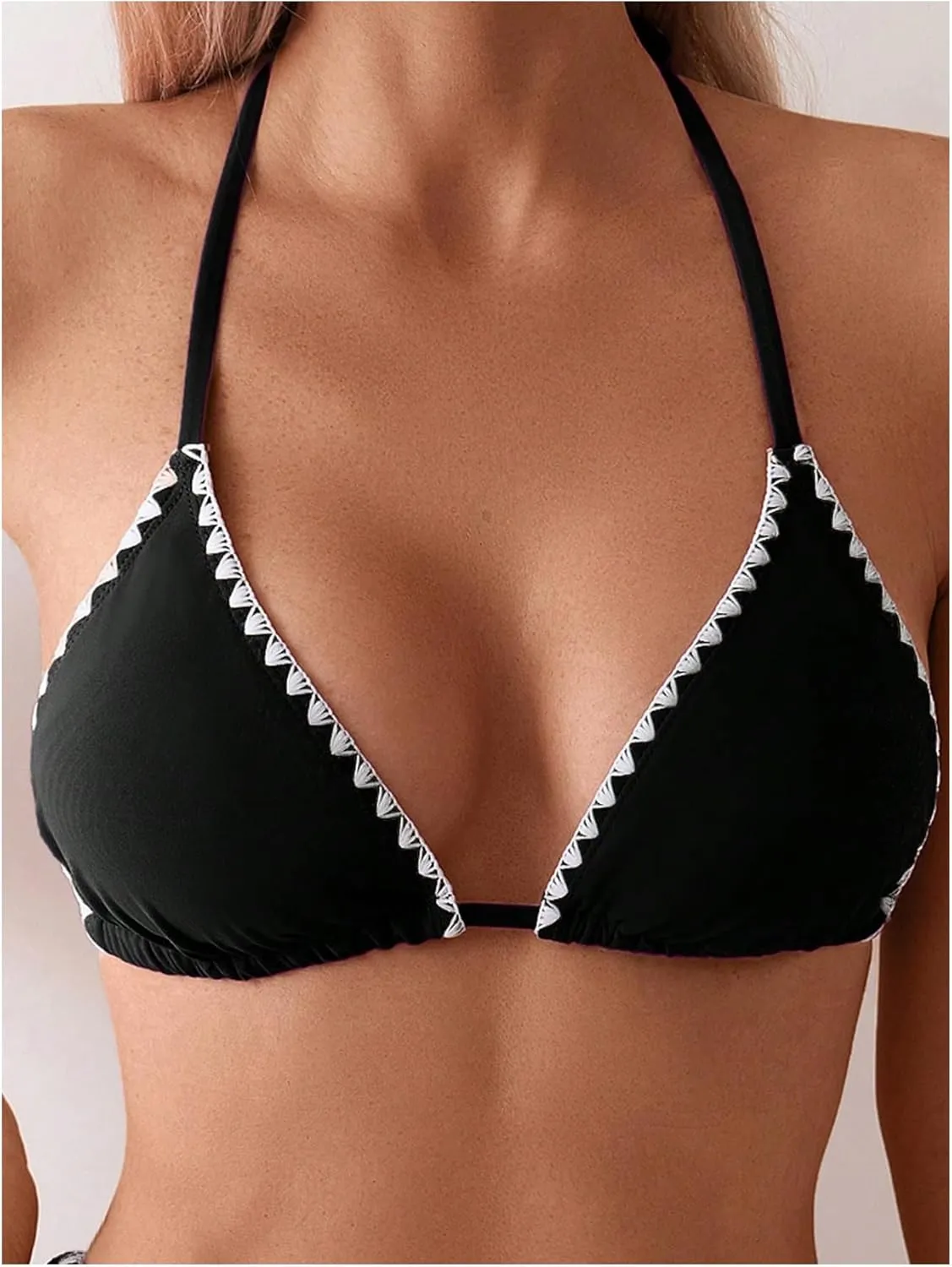 Verdusa Women's 2 Piece Triangle Halter Bikini Sets Tie Back Contrast Binding Summer Swimsuit