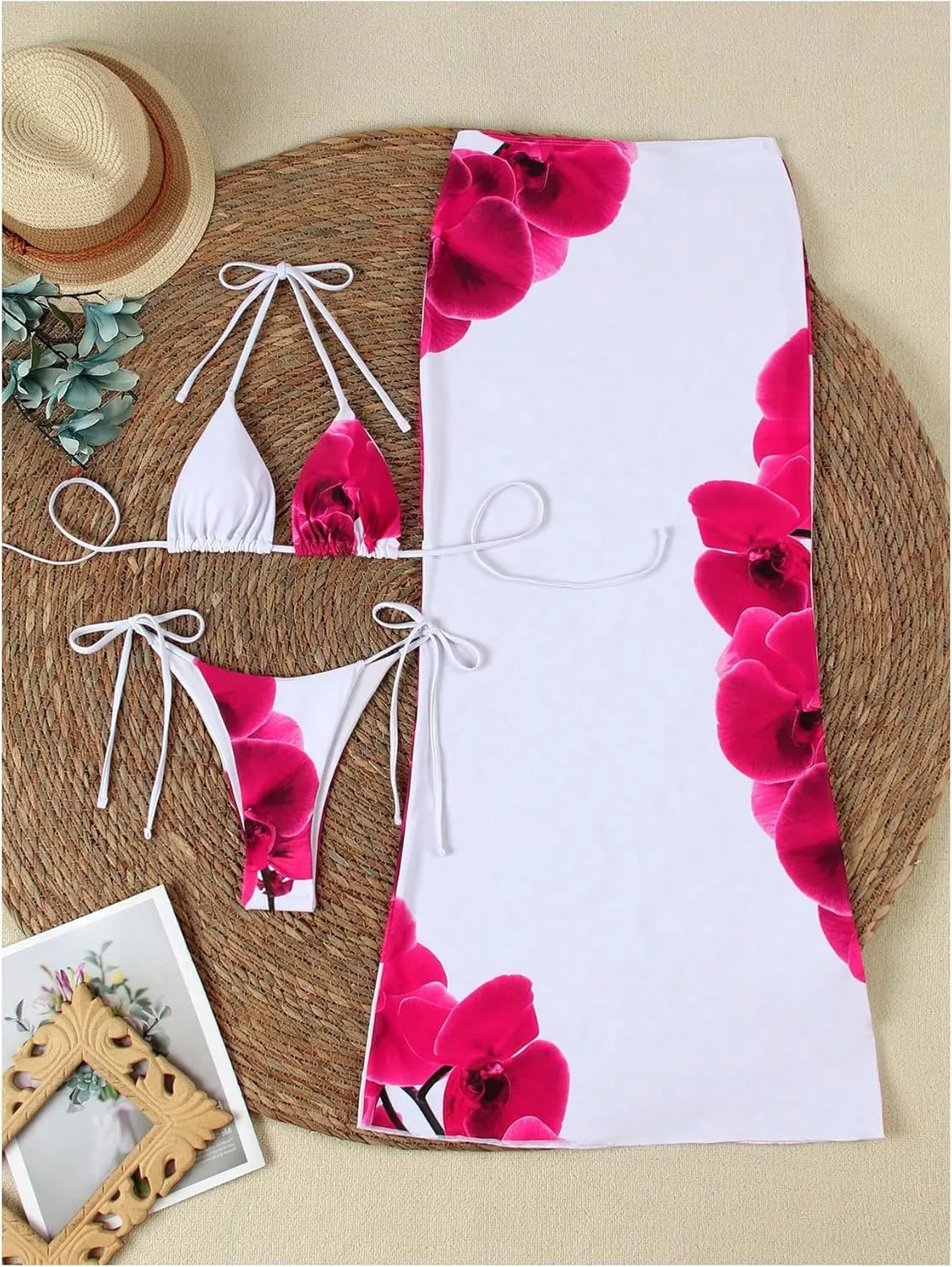 Verdusa Women's 3 Piece Floral Swimsuit Halter Triangle String Bikini Set with Coverup Maxi Skirt