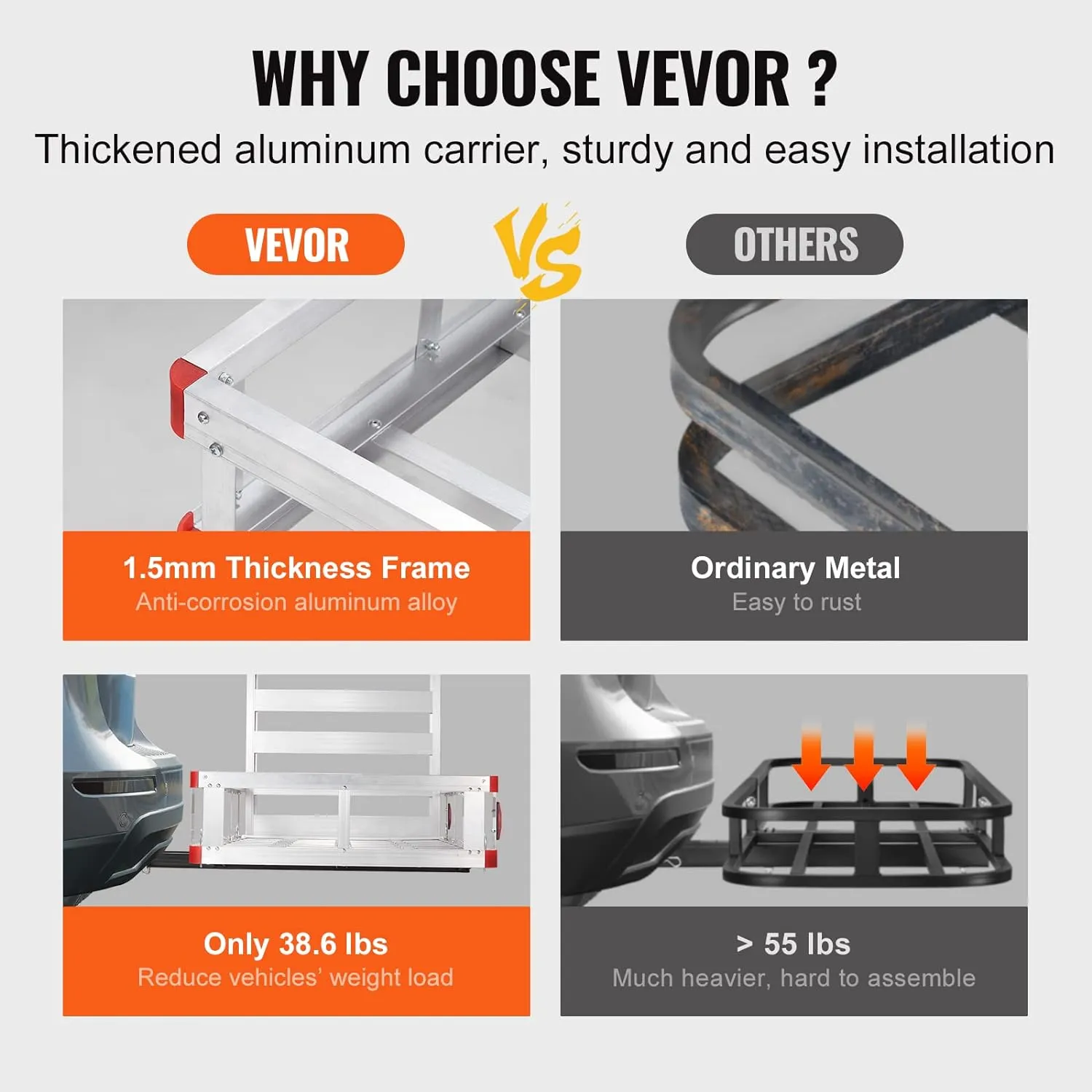 VEVOR 50 x 29.5 x 8.7 inch Hitch Cargo Carrier, 500lbs Capacity Trailer Hitch Mounted Cargo Basket, Aluminum Luggage Carrier Rack with Folding Ramp, Fits 2" Hitch Receiver for SUV Truck Pickup Camping