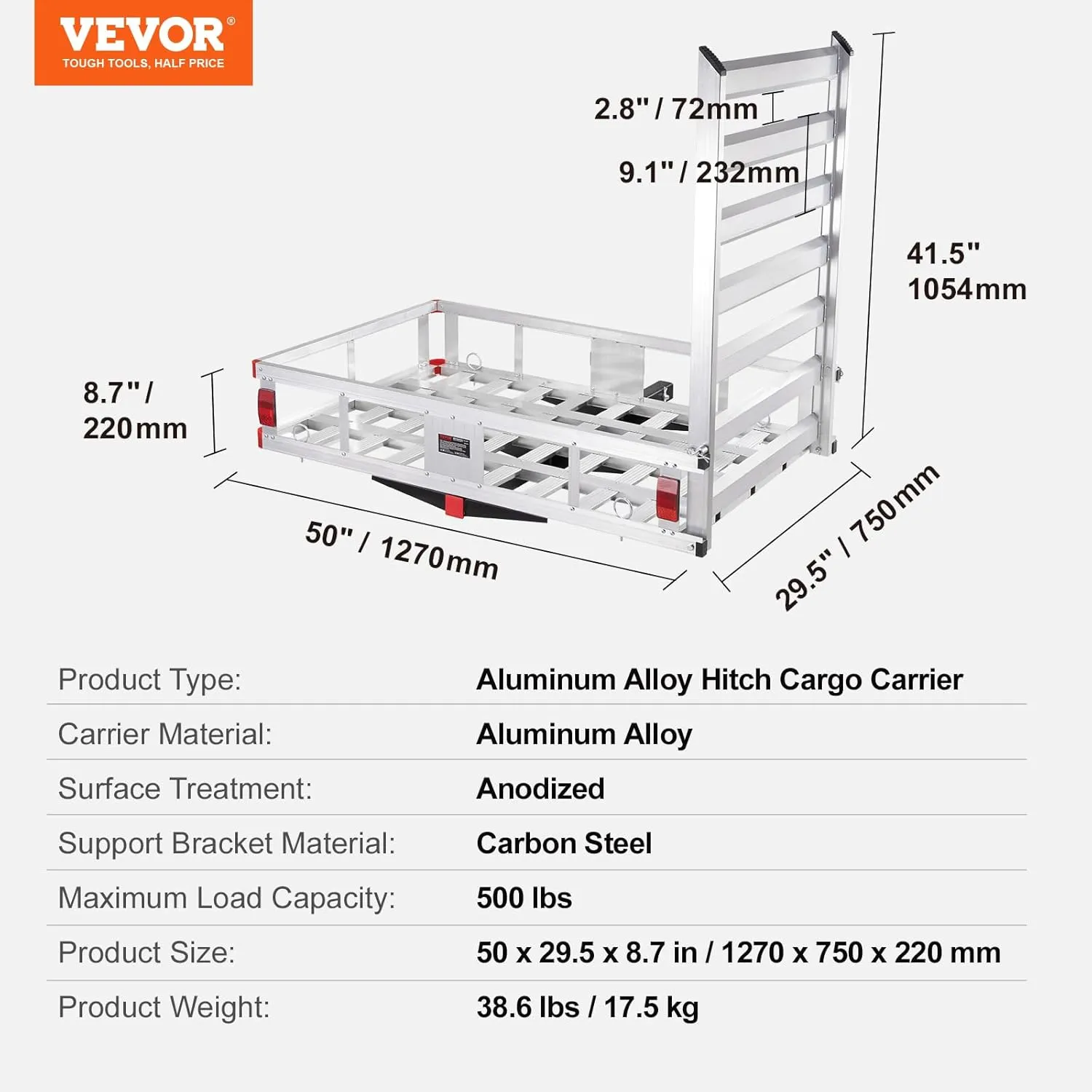 VEVOR 50 x 29.5 x 8.7 inch Hitch Cargo Carrier, 500lbs Capacity Trailer Hitch Mounted Cargo Basket, Aluminum Luggage Carrier Rack with Folding Ramp, Fits 2" Hitch Receiver for SUV Truck Pickup Camping