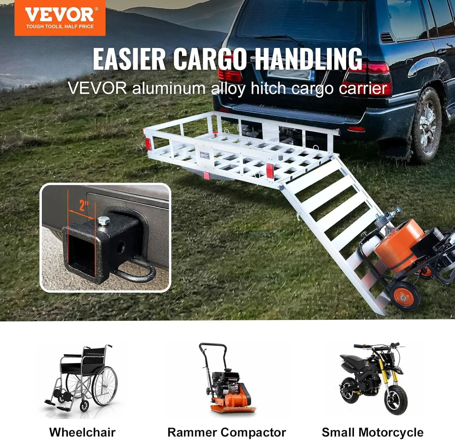 VEVOR 50 x 29.5 x 8.7 inch Hitch Cargo Carrier, 500lbs Capacity Trailer Hitch Mounted Cargo Basket, Aluminum Luggage Carrier Rack with Folding Ramp, Fits 2" Hitch Receiver for SUV Truck Pickup Camping