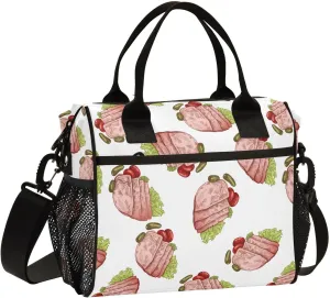 VIGTRO Pork Ham Slices Smoked Vintage Insulated Lunch Bag Leakproof Lunch Box for Women Men Reusable Lunch Tote Bag with Adjustable Shoulder Strap for Office Picnic Travel Size S
