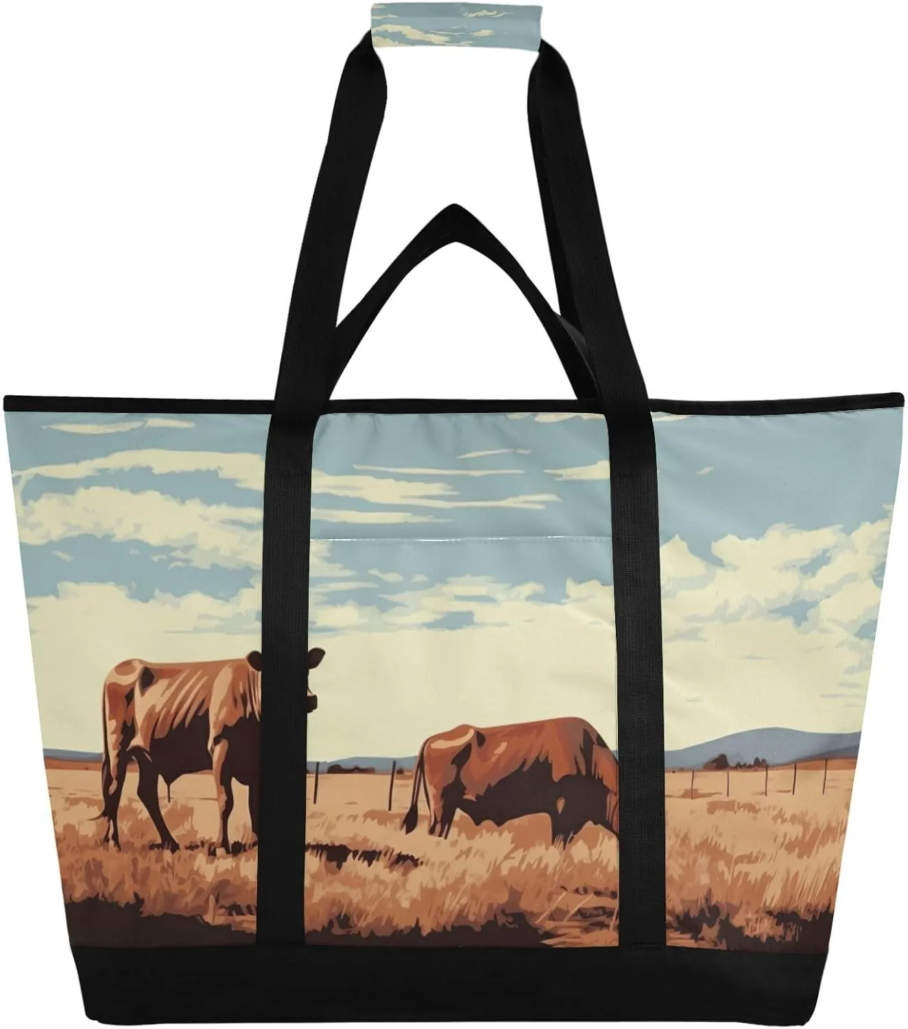 Vintage Cow Reusable Insulated Lunchbox Cooler Bag, Leakproof Kitchen Grocery Bag Collapsible Portable Cooler Tote Bag for Picnic, Camping, Office, Travel