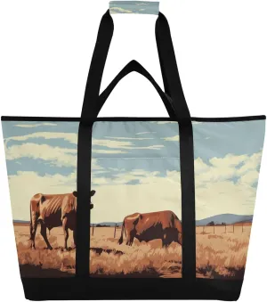 Vintage Cow Reusable Insulated Lunchbox Cooler Bag, Leakproof Kitchen Grocery Bag Collapsible Portable Cooler Tote Bag for Picnic, Camping, Office, Travel