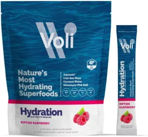 Voli Hydration Electrolytes Powder Packets - Drink Mix - Riptide Raspberry, 15 Ct - Superfoods & Minerals - Coconut Water, Aquamin Magnesium, Himalayan Pink Salt & Irish Sea Moss - No Added Sugar