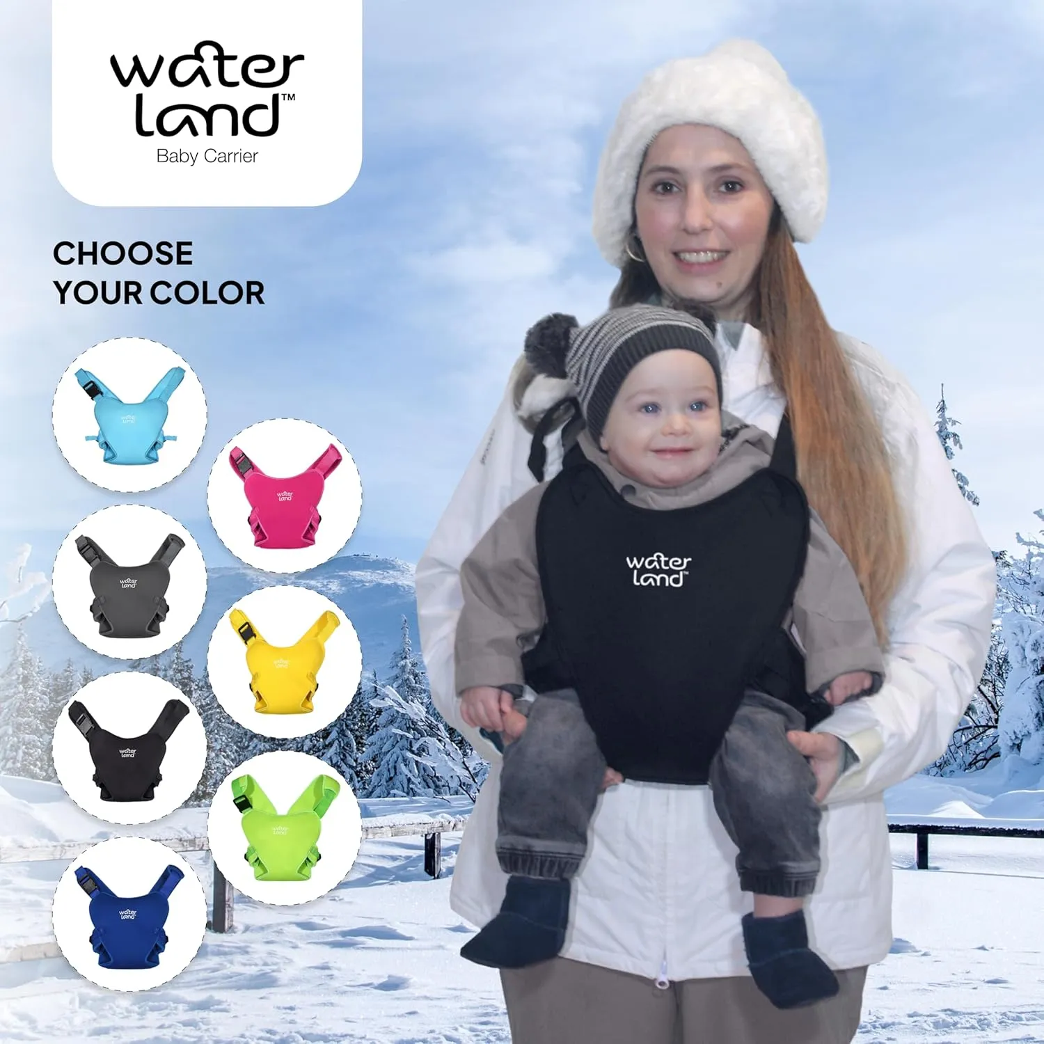 WaterLand Baby Carrier - Innovative Carrier You Can Use Both in Water & Land - Waterproof Infant Chest Holder with Adjustable Straps, Lightweight Toddler Harness for Pool & Beach (Black)