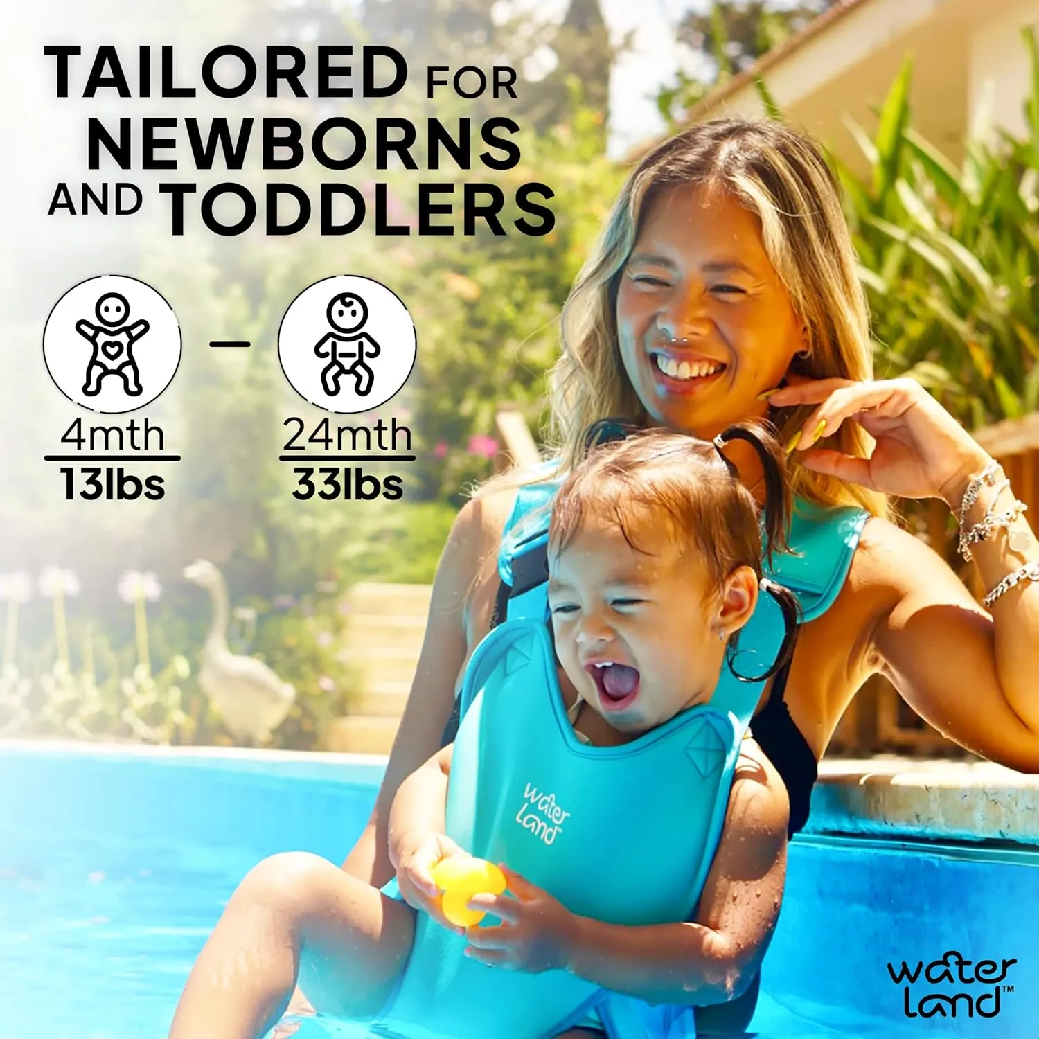 WaterLand Baby Carrier - Innovative Carrier You Can Use Both in Water & Land - Waterproof Infant Chest Holder with Adjustable Straps, Lightweight Toddler Harness for Pool & Beach (Black)