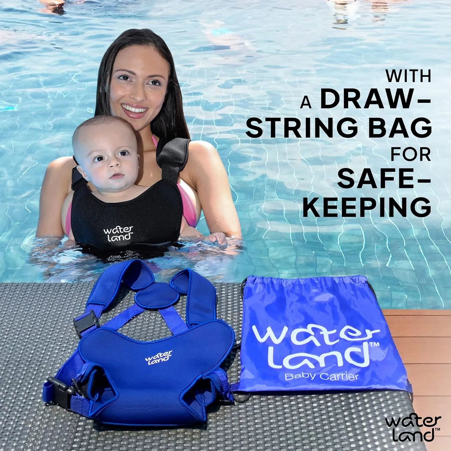 WaterLand Baby Carrier - Innovative Carrier You Can Use Both in Water & Land - Waterproof Infant Chest Holder with Adjustable Straps, Lightweight Toddler Harness for Pool & Beach (Black)