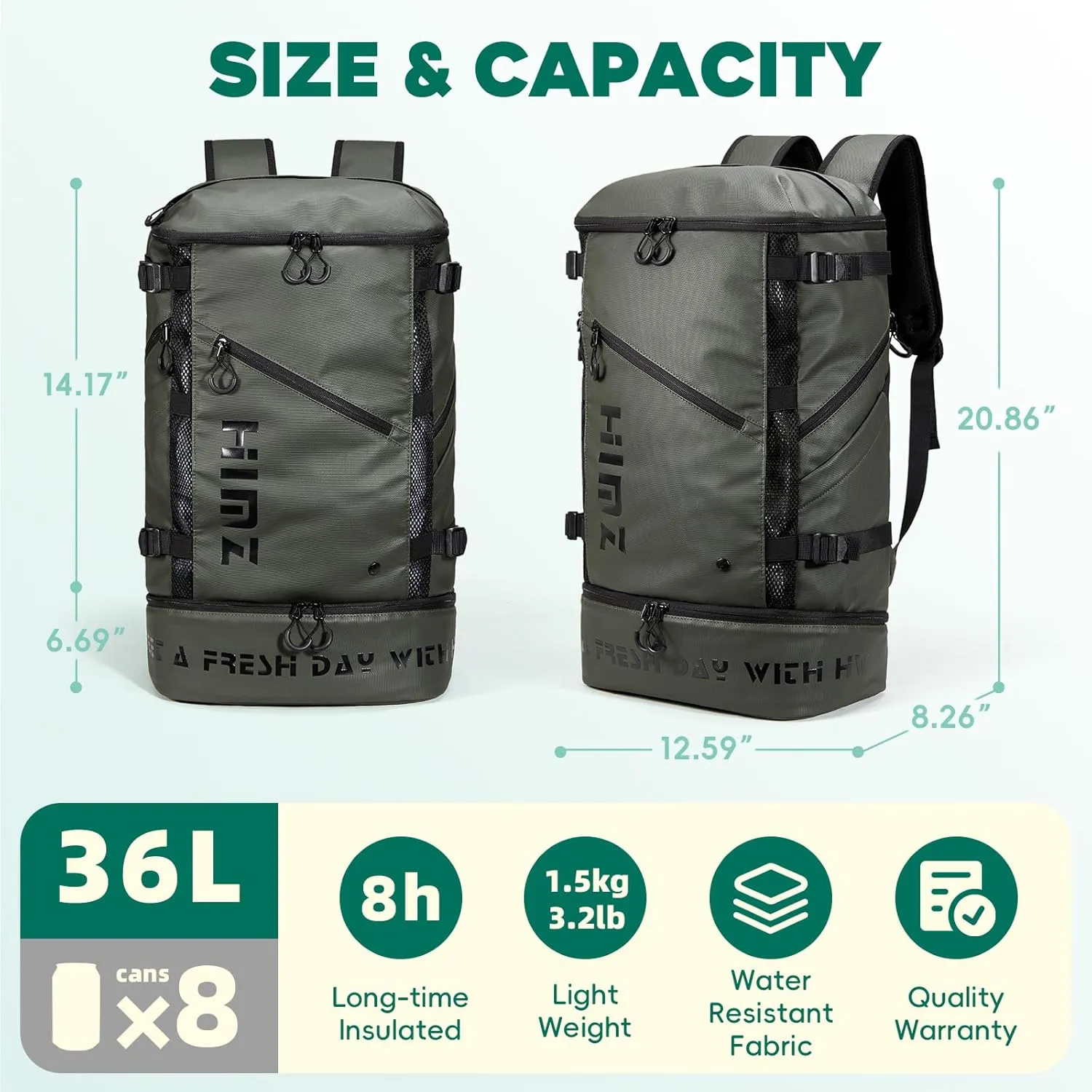 Waterproof Camping Backpack with Lunch Compartment, Mens Backpack Insulated for Work, 17 inch Laptop Bag, Carry On Backpacks for Airplane Beach Travel, Green