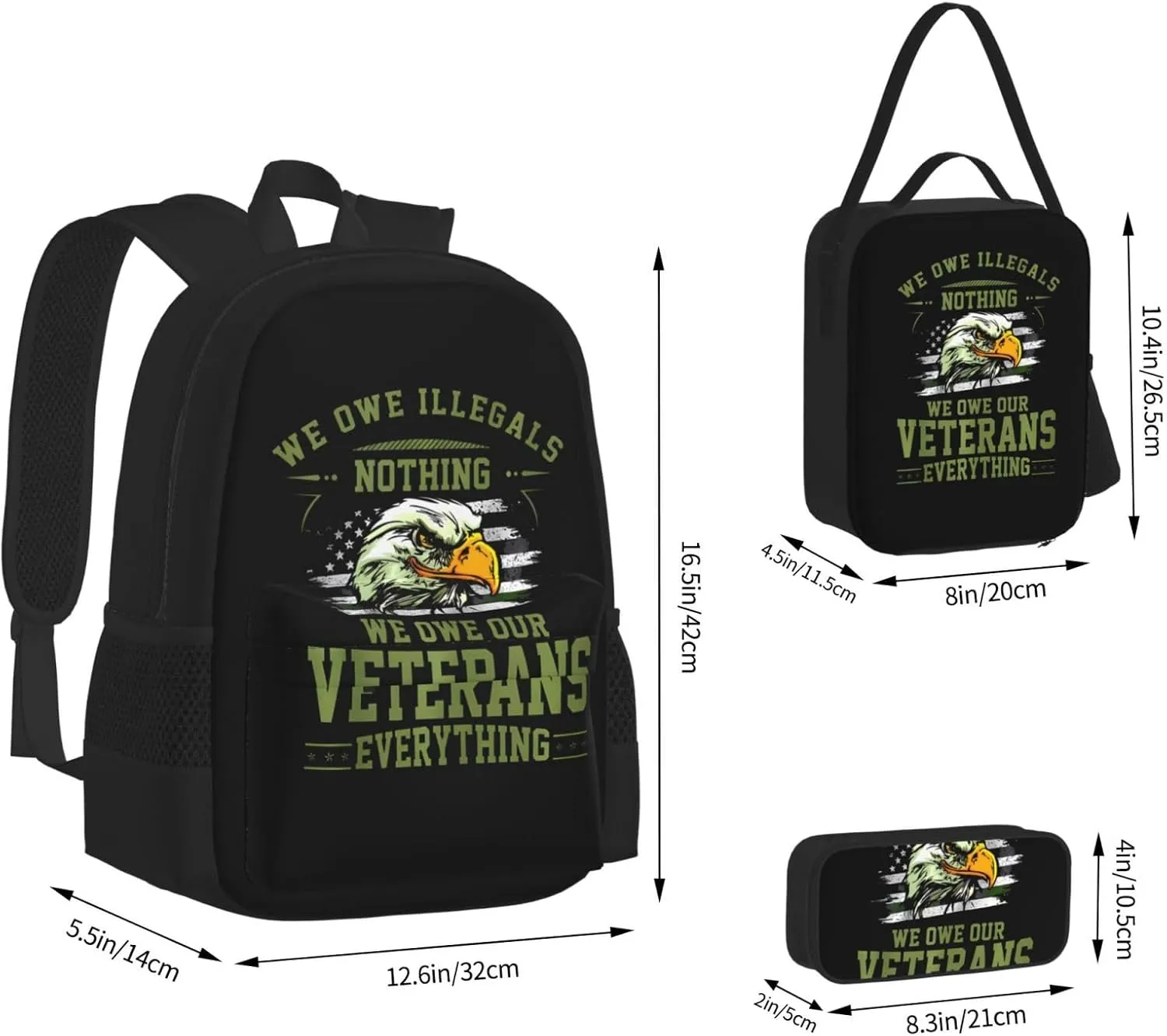 We Owe Our Veterans Everything American Flag Eagle Multifunctional Pocket Backpack Crossbody Lunch Bag Pencil Case 3Pcs Set Large Capacity Backpack