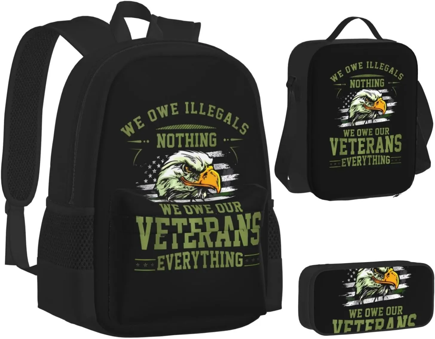We Owe Our Veterans Everything American Flag Eagle Multifunctional Pocket Backpack Crossbody Lunch Bag Pencil Case 3Pcs Set Large Capacity Backpack