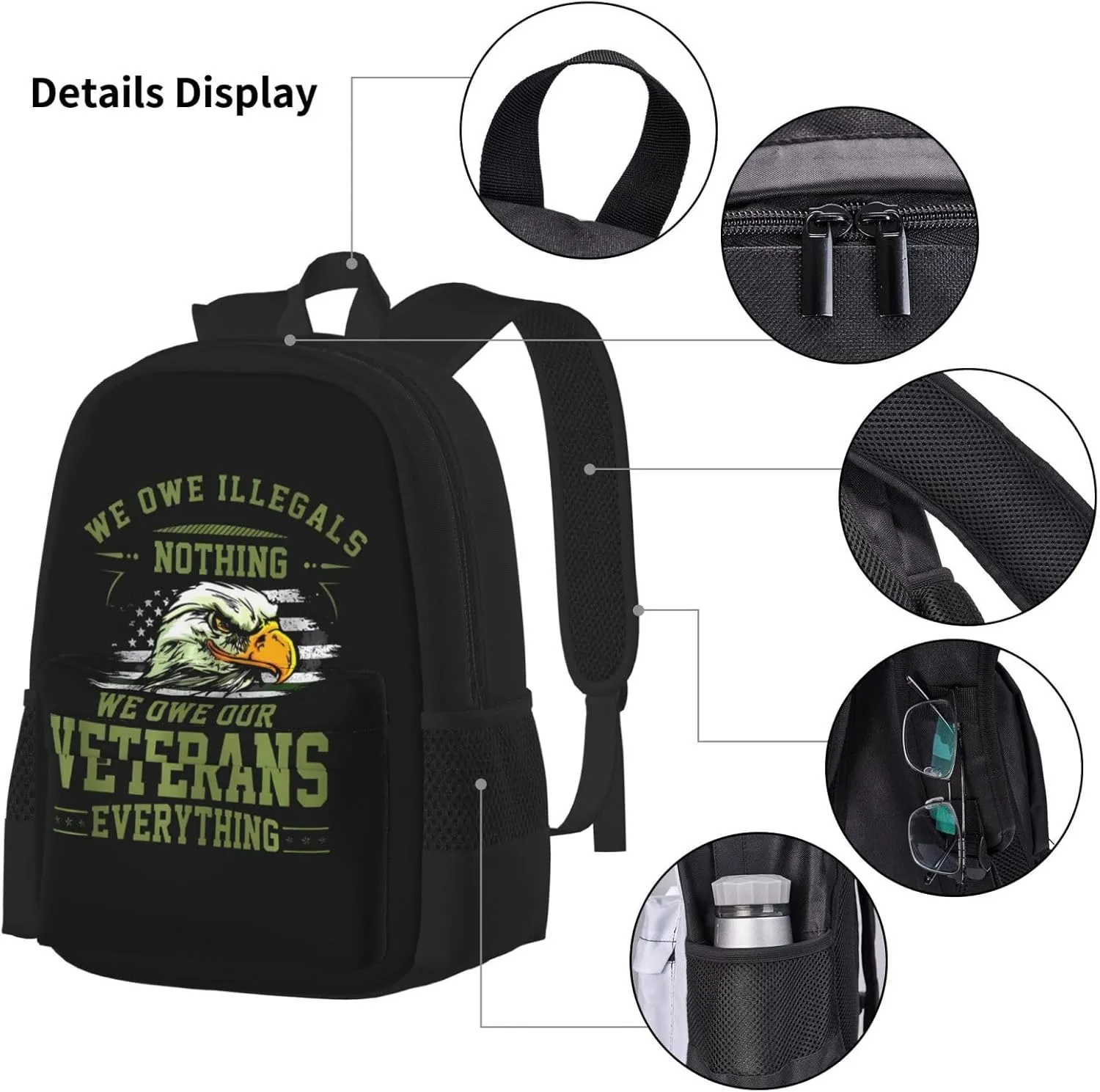 We Owe Our Veterans Everything American Flag Eagle Multifunctional Pocket Backpack Crossbody Lunch Bag Pencil Case 3Pcs Set Large Capacity Backpack