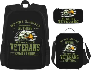 We Owe Our Veterans Everything American Flag Eagle Multifunctional Pocket Backpack Crossbody Lunch Bag Pencil Case 3Pcs Set Large Capacity Backpack