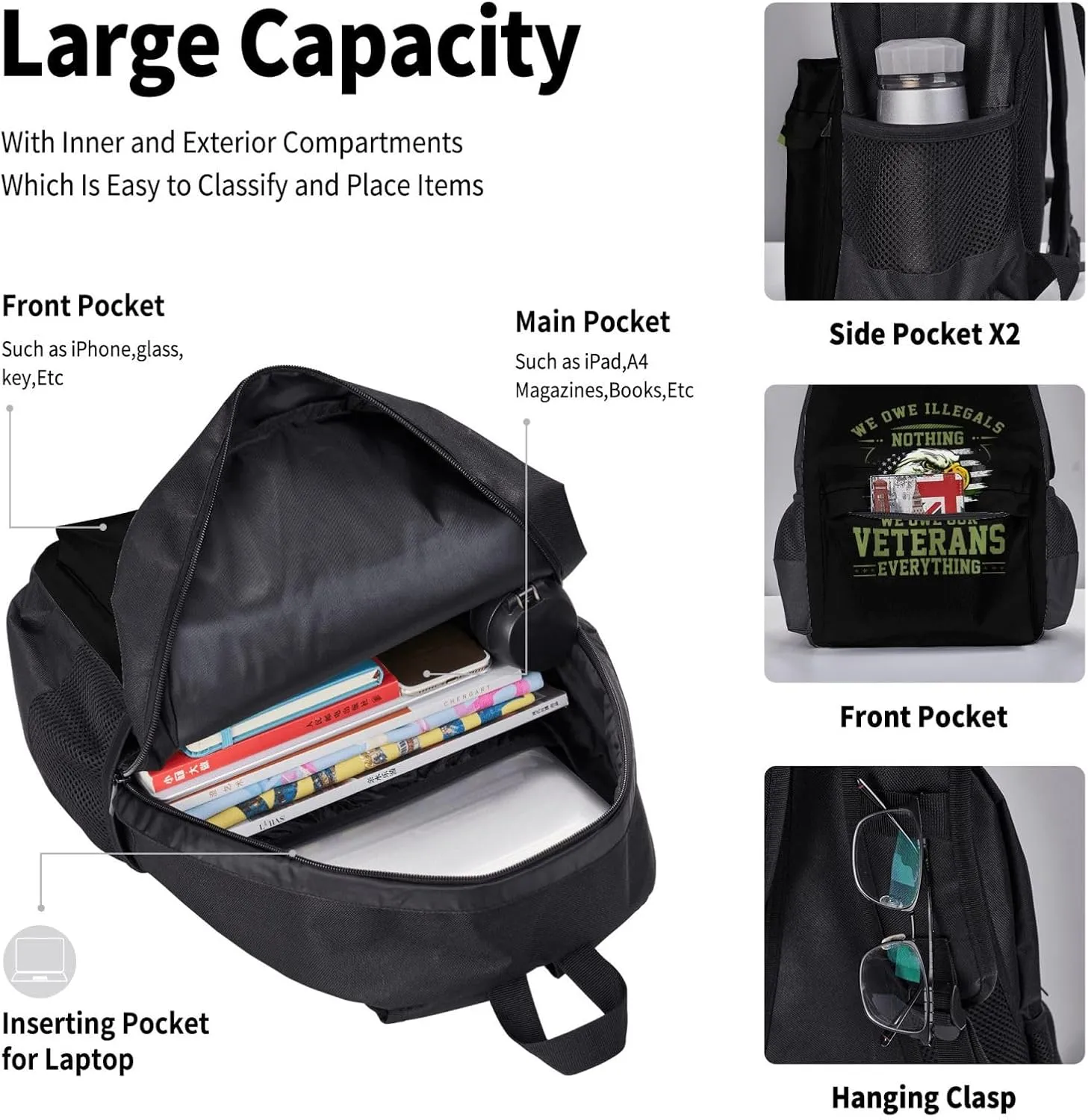 We Owe Our Veterans Everything American Flag Eagle Multifunctional Pocket Backpack Crossbody Lunch Bag Pencil Case 3Pcs Set Large Capacity Backpack