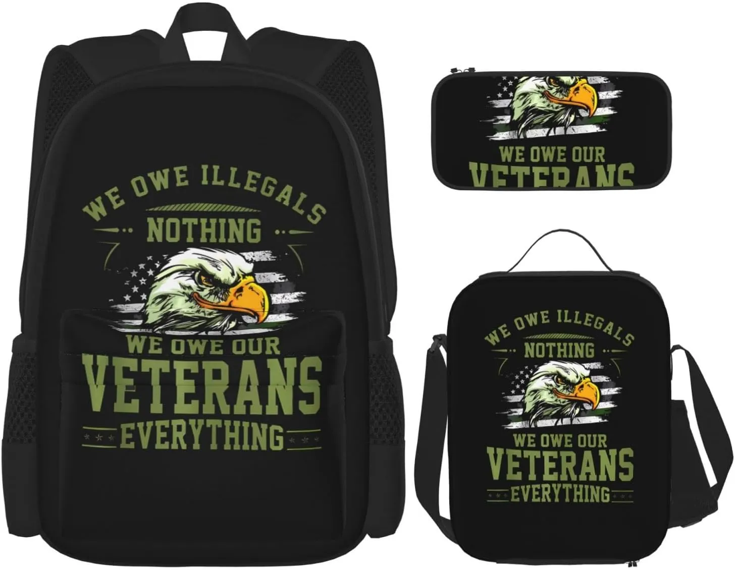 We Owe Our Veterans Everything American Flag Eagle Multifunctional Pocket Backpack Crossbody Lunch Bag Pencil Case 3Pcs Set Large Capacity Backpack