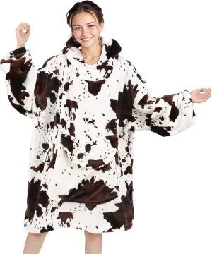 Wearable Blanket Hoodie Cow Print Oversized Fleece Sweatshirt Blanket with Giant Pocket Warm Cozy Hooded Blanket for Adult Cow Gifts for Women Men