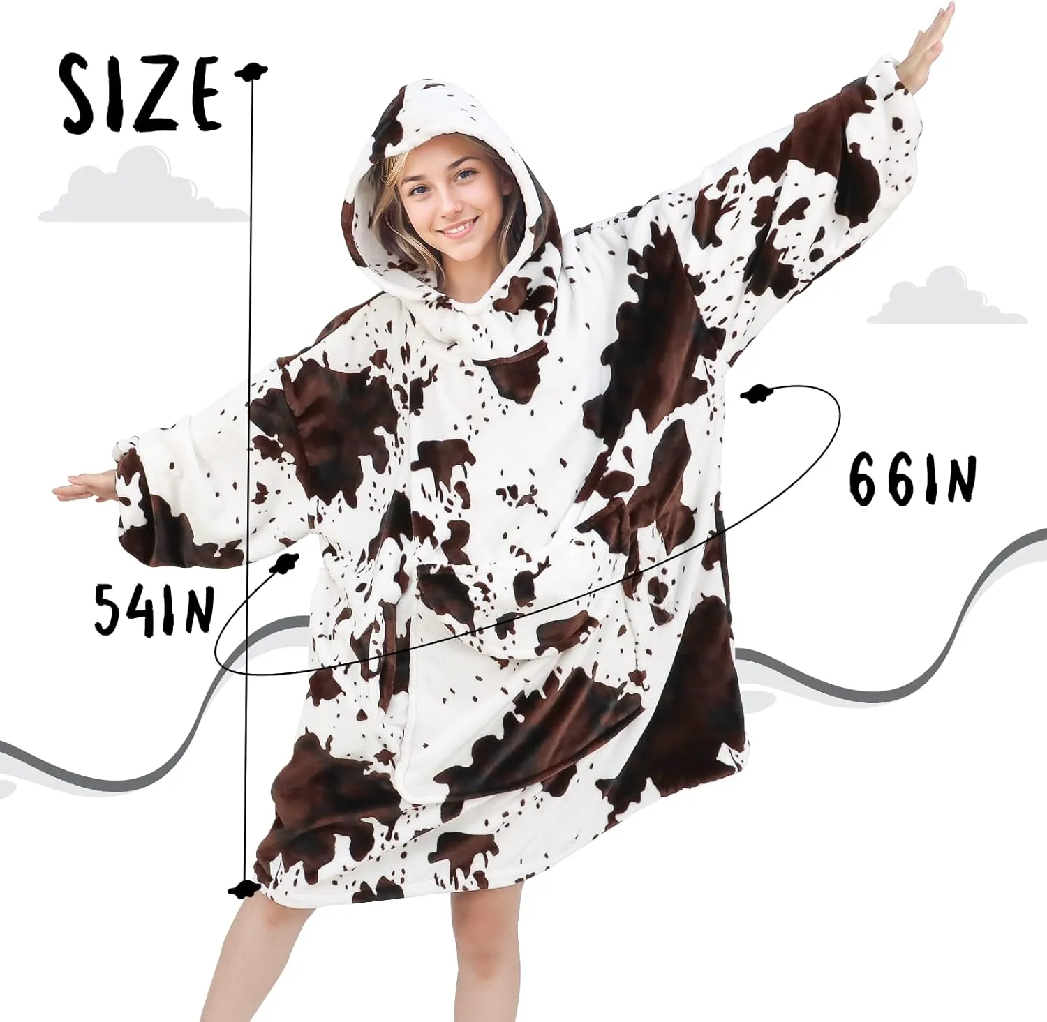 Wearable Blanket Hoodie Cow Print Oversized Fleece Sweatshirt Blanket with Giant Pocket Warm Cozy Hooded Blanket for Adult Cow Gifts for Women Men