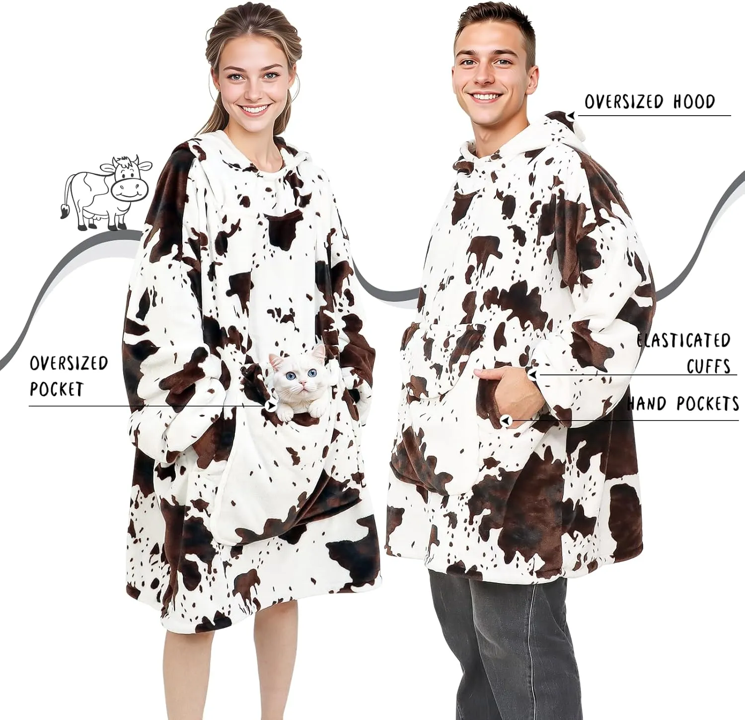 Wearable Blanket Hoodie Cow Print Oversized Fleece Sweatshirt Blanket with Giant Pocket Warm Cozy Hooded Blanket for Adult Cow Gifts for Women Men