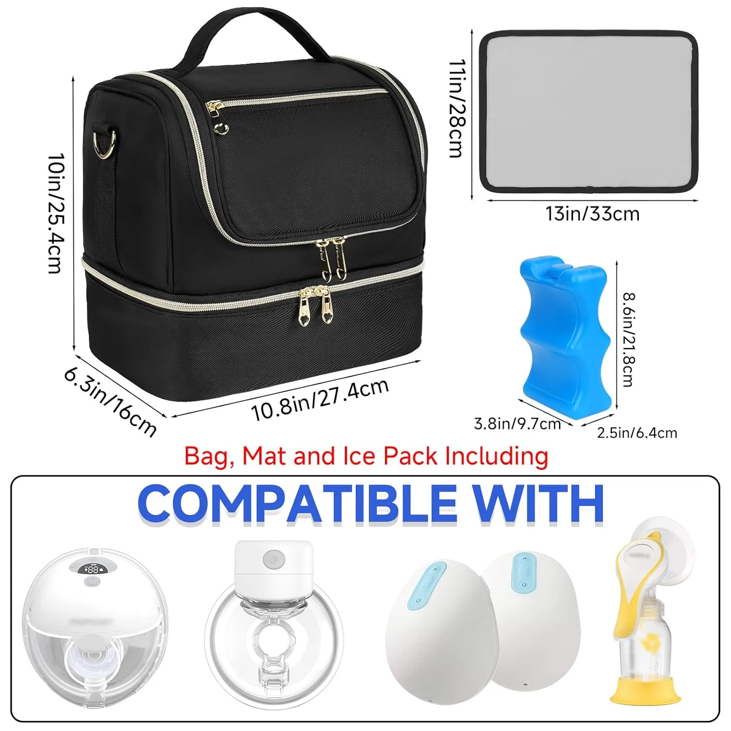 Wearable Breast Pump Bag with Cooler Compartment Fits for Willow/Elvie/Momcozy M5/S12 Pro/Medela, Breast Milk Travel Tote Bag with Ice Pack & Waterproof Mat,Black