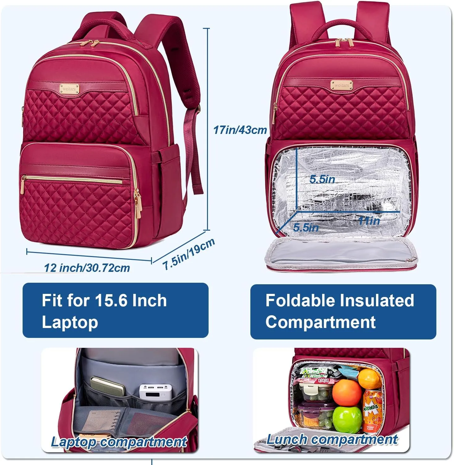 Weitars Lunch Backpack, Insulated Cooler Backpack 15.6 Inch Laptop Backpack For Women Men For Women Nurses Teacher Gifts for College Work Beach Camping Picnics Travel