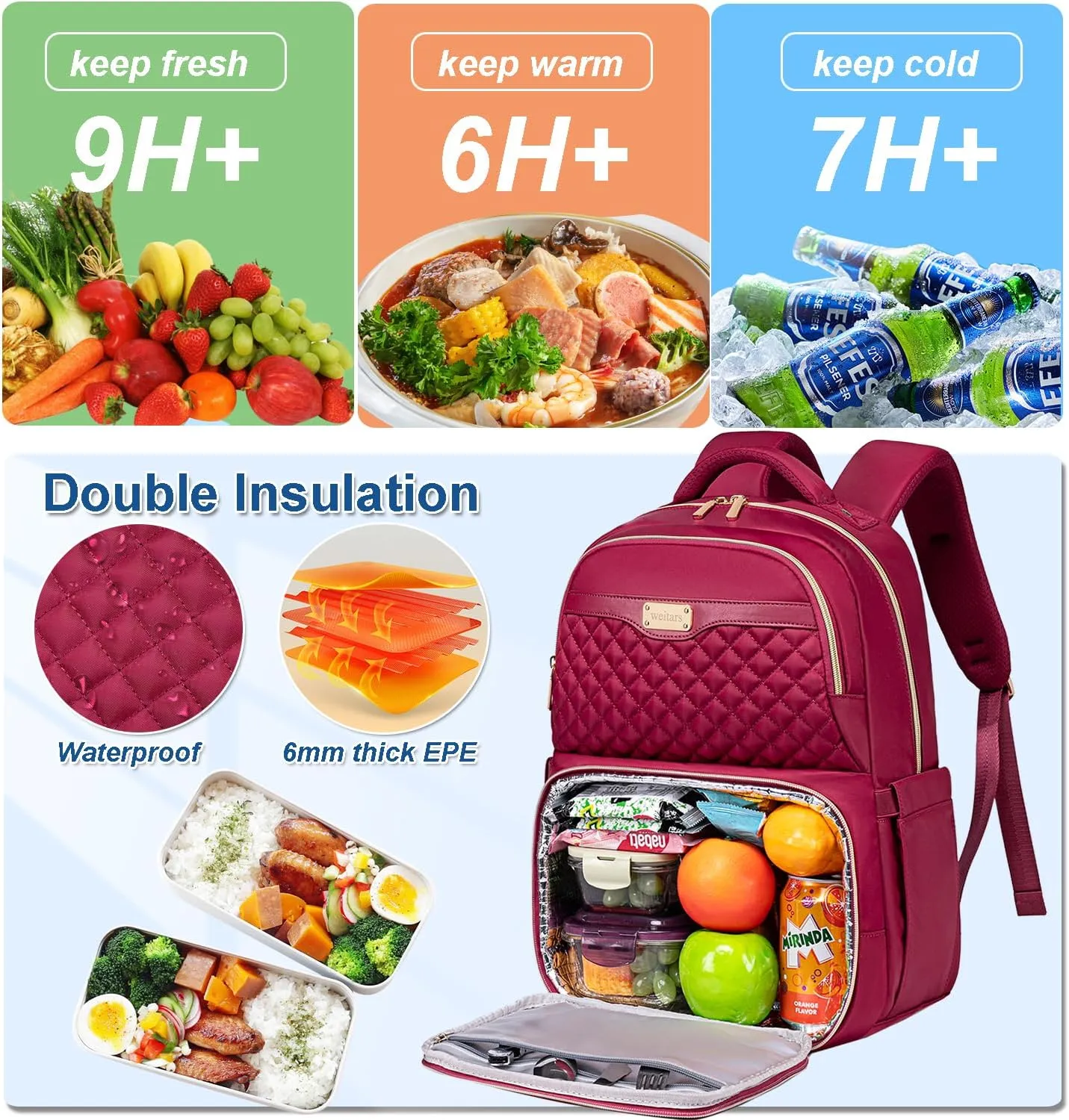 Weitars Lunch Backpack, Insulated Cooler Backpack 15.6 Inch Laptop Backpack For Women Men For Women Nurses Teacher Gifts for College Work Beach Camping Picnics Travel
