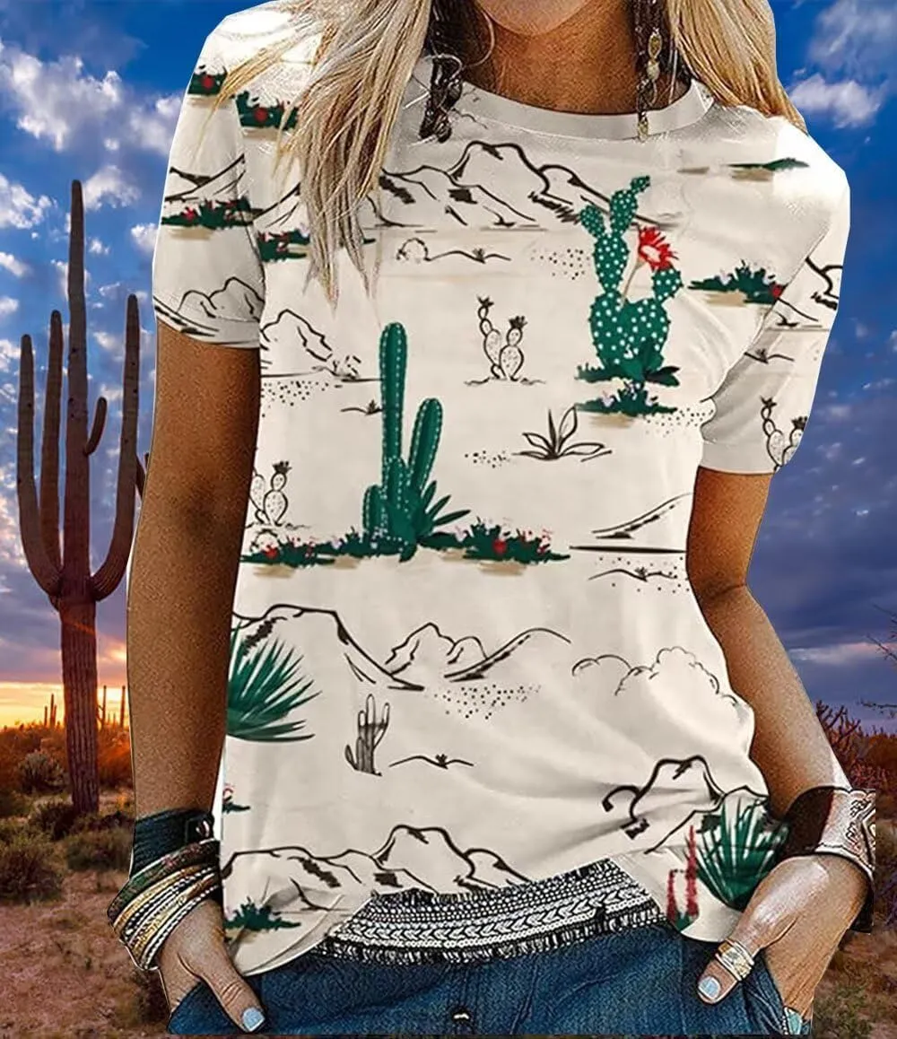 Western Cactus Shirt for Women Sunrise Desert Graphic Tee Tops Hiking Mountain Climbing Funny Short Sleeve T-Shirt