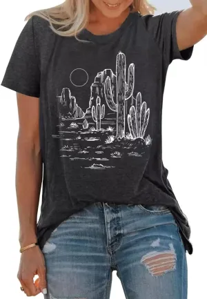 Western Cactus Shirt for Women Sunrise Desert Graphic Tee Tops Hiking Mountain Climbing Funny Short Sleeve T-Shirt