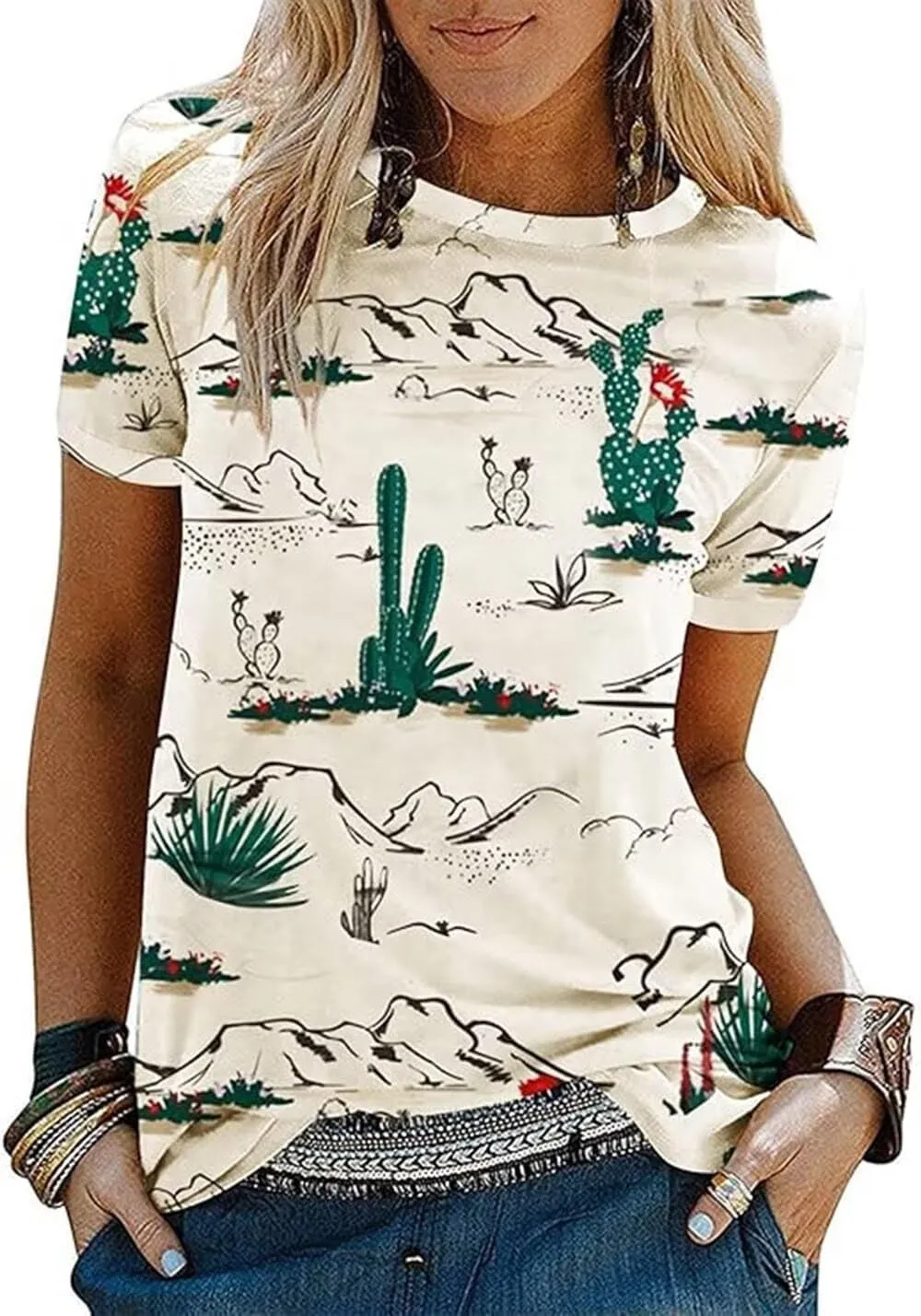 Western Cactus Shirt for Women Sunrise Desert Graphic Tee Tops Hiking Mountain Climbing Funny Short Sleeve T-Shirt