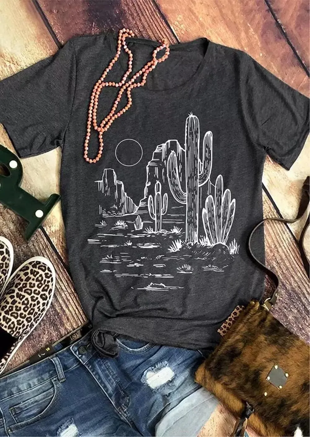 Western Cactus Shirt for Women Sunrise Desert Graphic Tee Tops Hiking Mountain Climbing Funny Short Sleeve T-Shirt