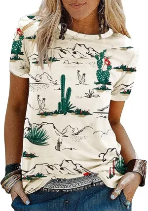 Western Cactus Shirt for Women Sunrise Desert Graphic Tee Tops Hiking Mountain Climbing Funny Short Sleeve T-Shirt