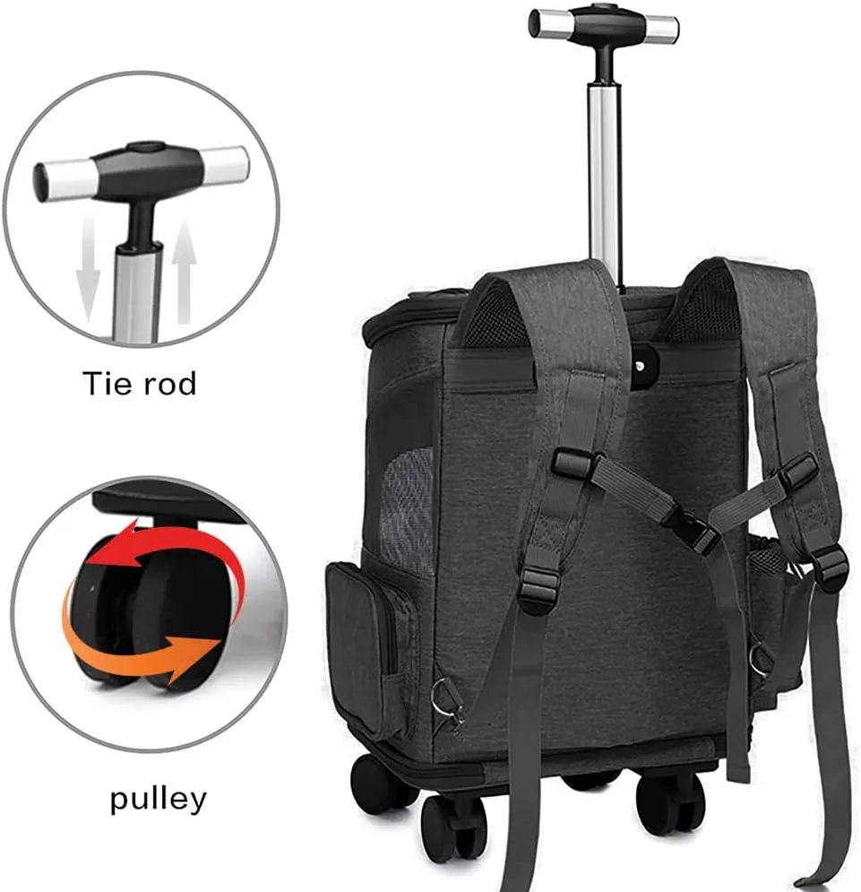 Wheeled Pet Carrier Backpack Pet Stroller, Travel Carrier, Car Seat for Small Dogs Cats Puppies, Comfort Cat Backpack Removable Rolling Wheels – Mesh Ventilation Windows (Black)