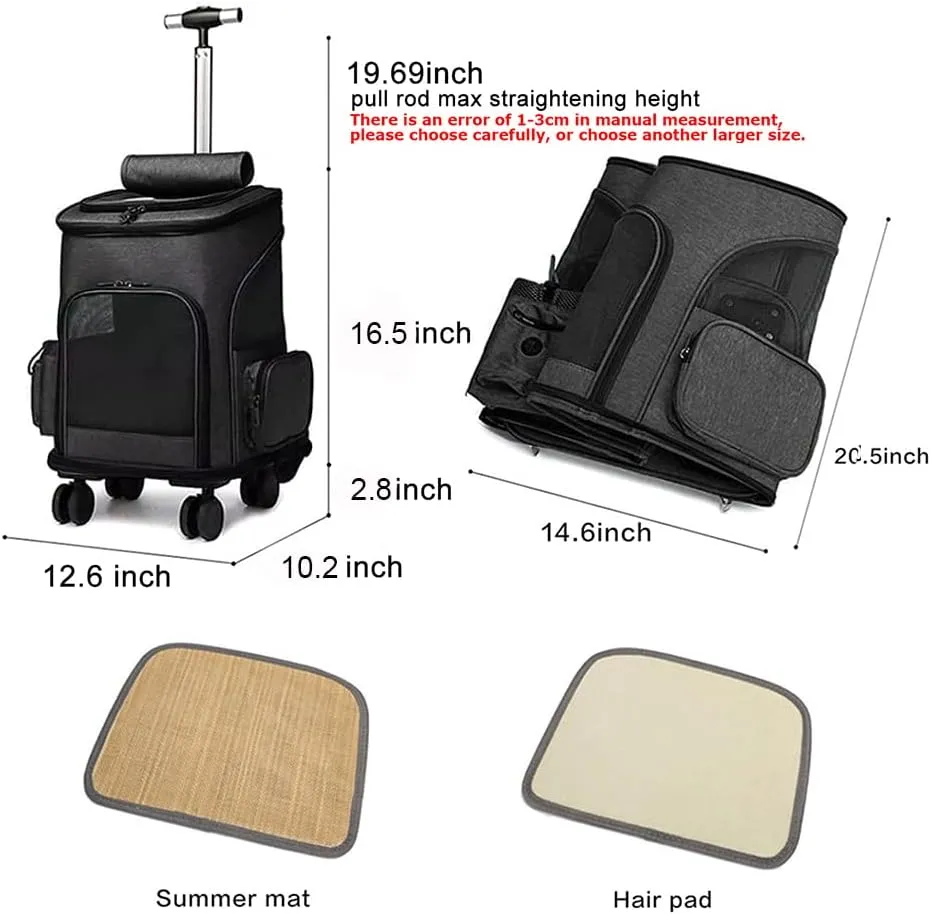 Wheeled Pet Carrier Backpack Pet Stroller, Travel Carrier, Car Seat for Small Dogs Cats Puppies, Comfort Cat Backpack Removable Rolling Wheels – Mesh Ventilation Windows (Black)